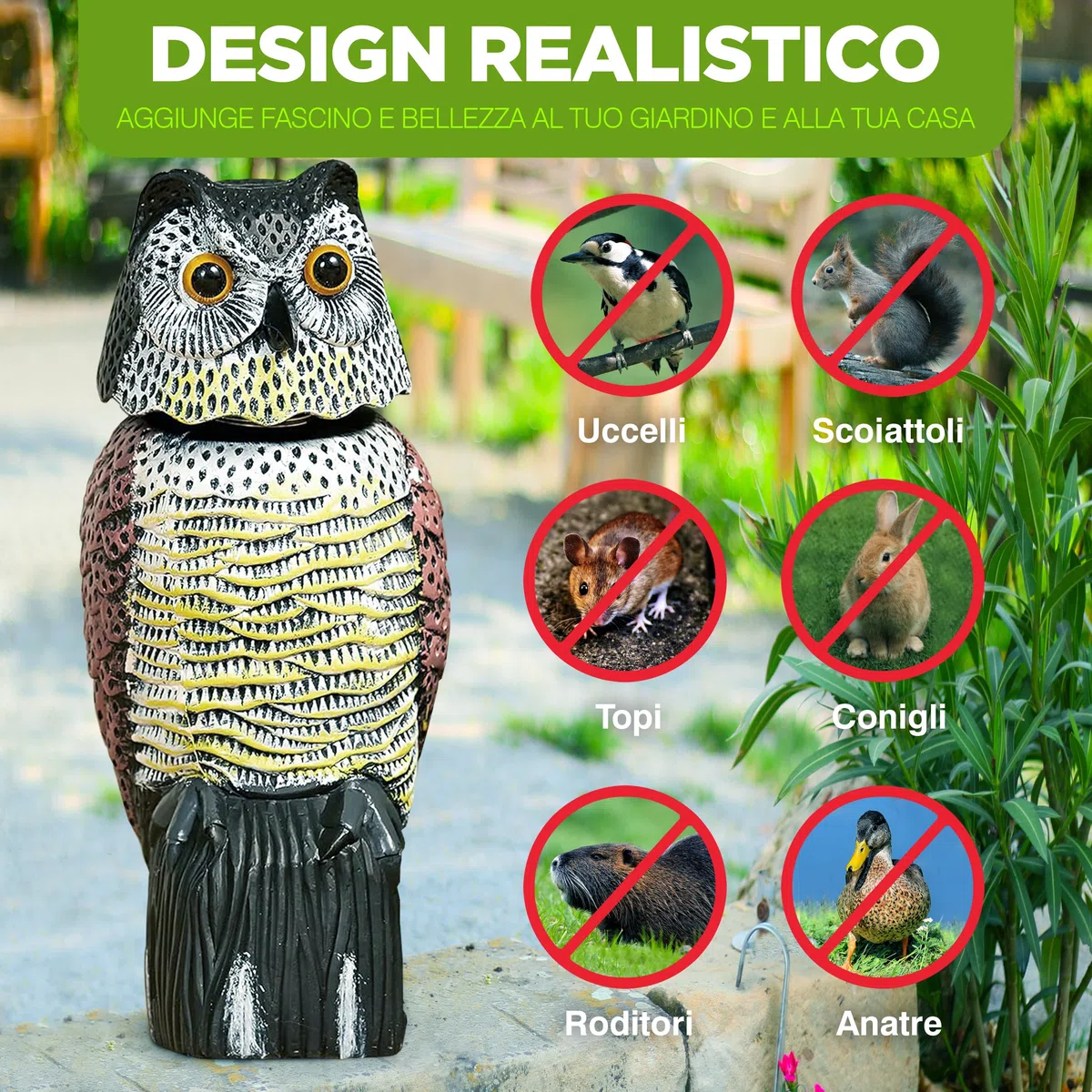 ISOTRONIC richiamo Gufo Controllo Uccelli spaventapasseri Realistico Testa oscillante Repellente piccioni Giardino Balcone frutteto 1 Pezzi Efficace Esterno Protezione Difesa Stop volatili visivo