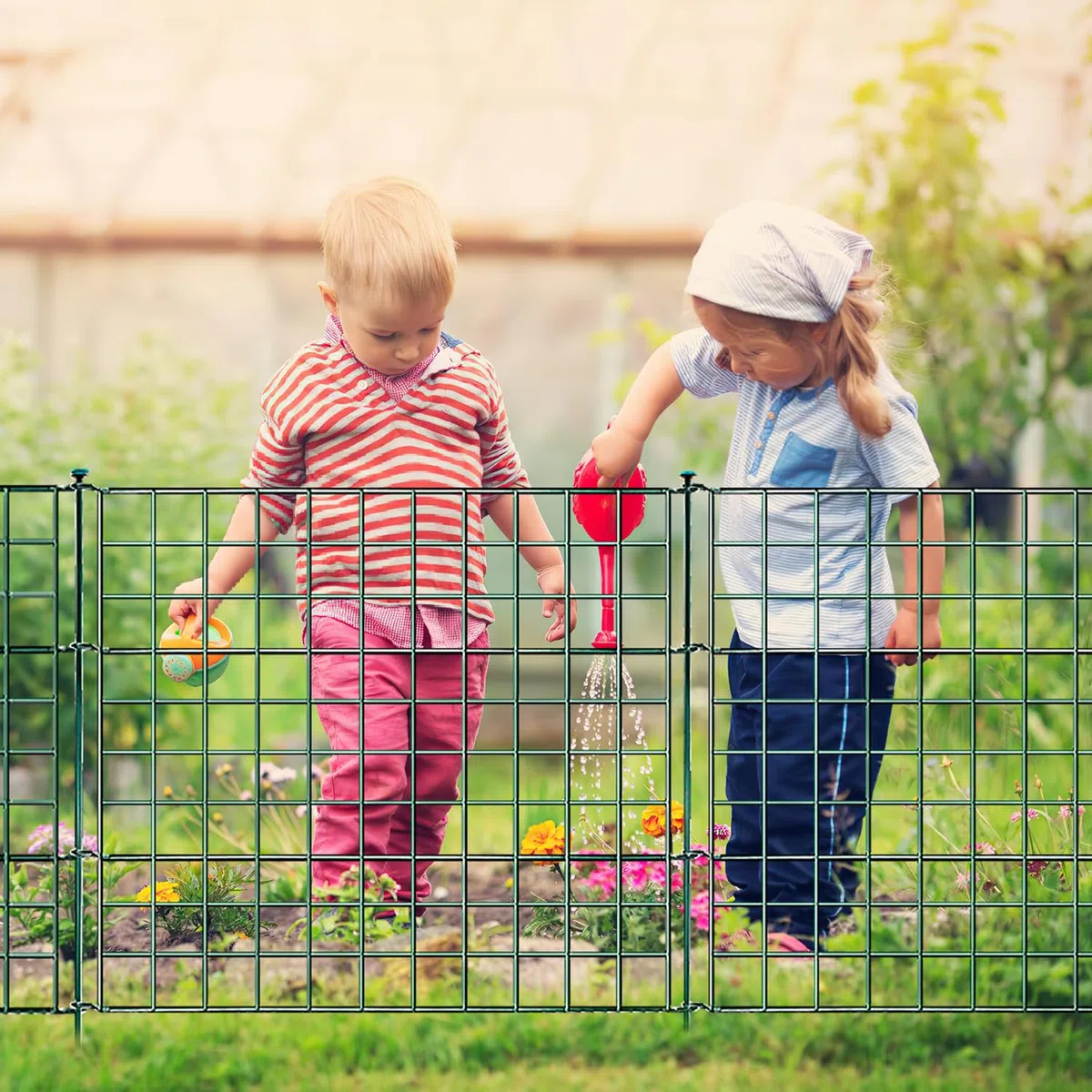 Recinzione per laghetto da giardino, set completo in metallo, 5 elementi di recinzione, lunghezza 3,74 m, con 6 aste di fissaggio, recinzione per cani, set per barriera per animali (dritto