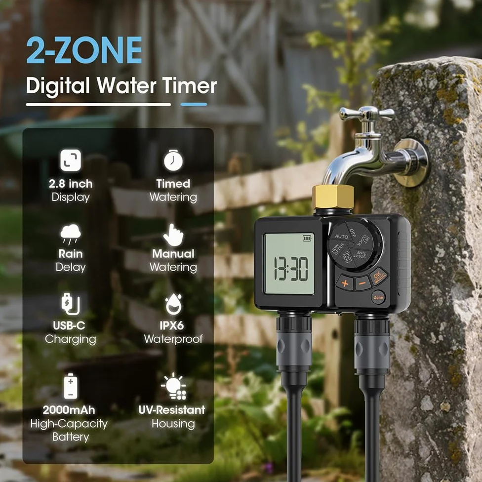 Computer di irrigazione, 2 uscite, irrigazione automatica, giunto girevole in ottone | Sistema di irrigazione da giardino con ritardo della pioggia, timer, rubinetto per giardino, esterno, serra