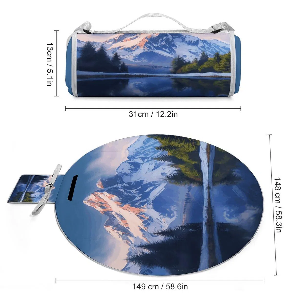 Coperta da picnic con neve e montagna, rotonda, pieghevole, leggera, coperta da spiaggia, impermeabile, coperta per attività all'aperto per primavera, estate, campeggio, parco, erba da