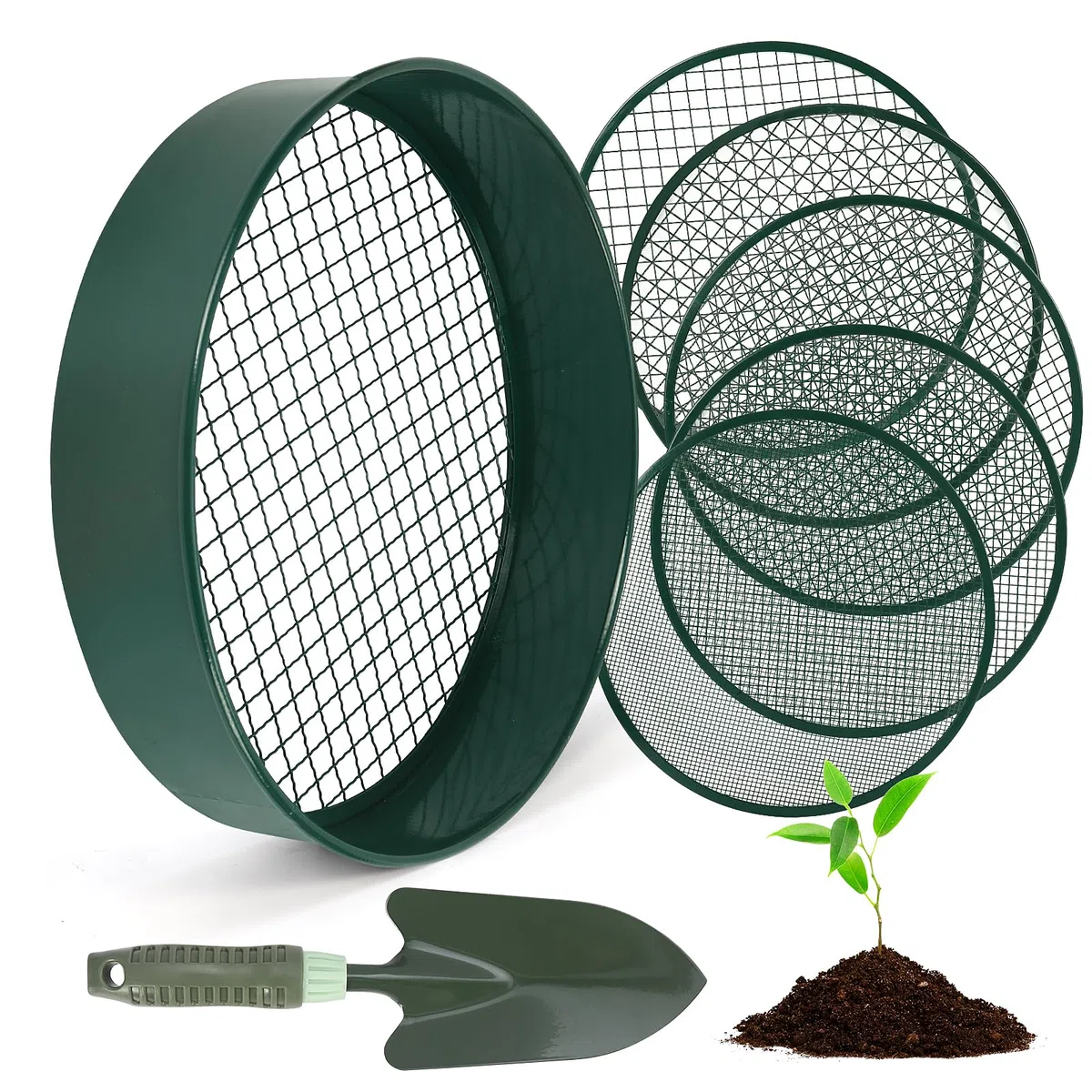 Setaccio Terreno per Giardinaggio, Setaccio Terreno in Acciaio Inox da 12 Pollici con 5 Schermi Fine Sostituibili, Guanti e Pala, Setaccio Sabbia, 3mm, 5mm, 8mm, 10mm, 12mm (Verde)