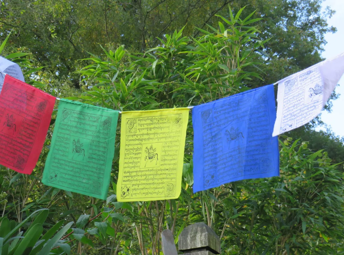 Bandiere tibetane di preghiera in cotone, commercio equo e solidale, 25 bandiere, lunghezza totale 5,5 metri