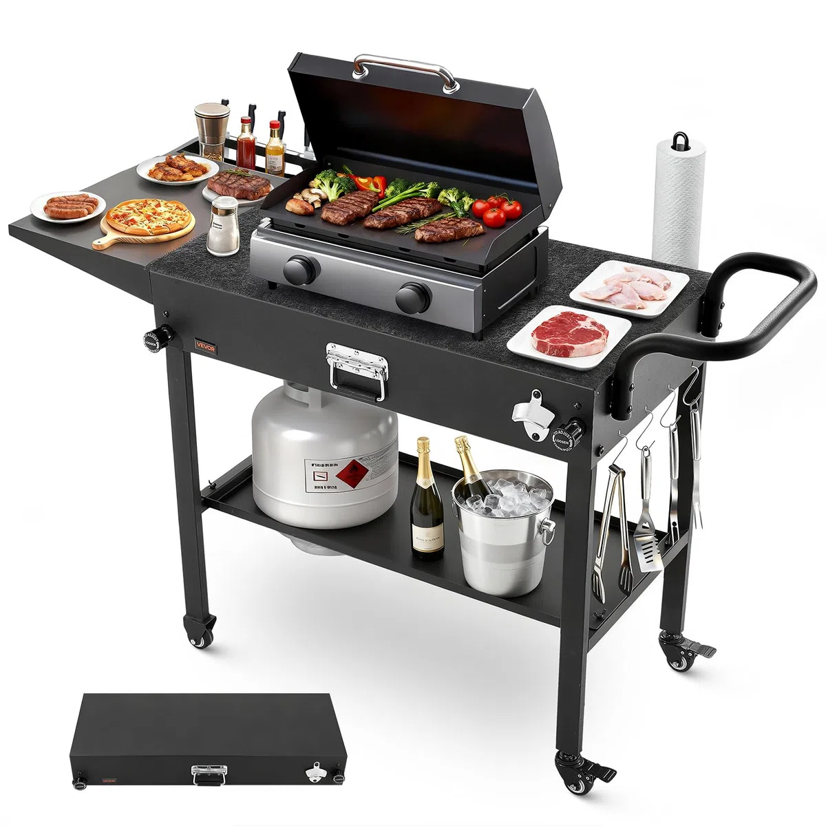 VEVOR Carrello per Griglia da Esterno Tavolo da Griglia da 787 x 432 mm Pieghevole per Esterni con Porta Fazzoletti, Ganci, Ruote, Tavolino Laterale, Tavoli per la Preparazione del Barbecue