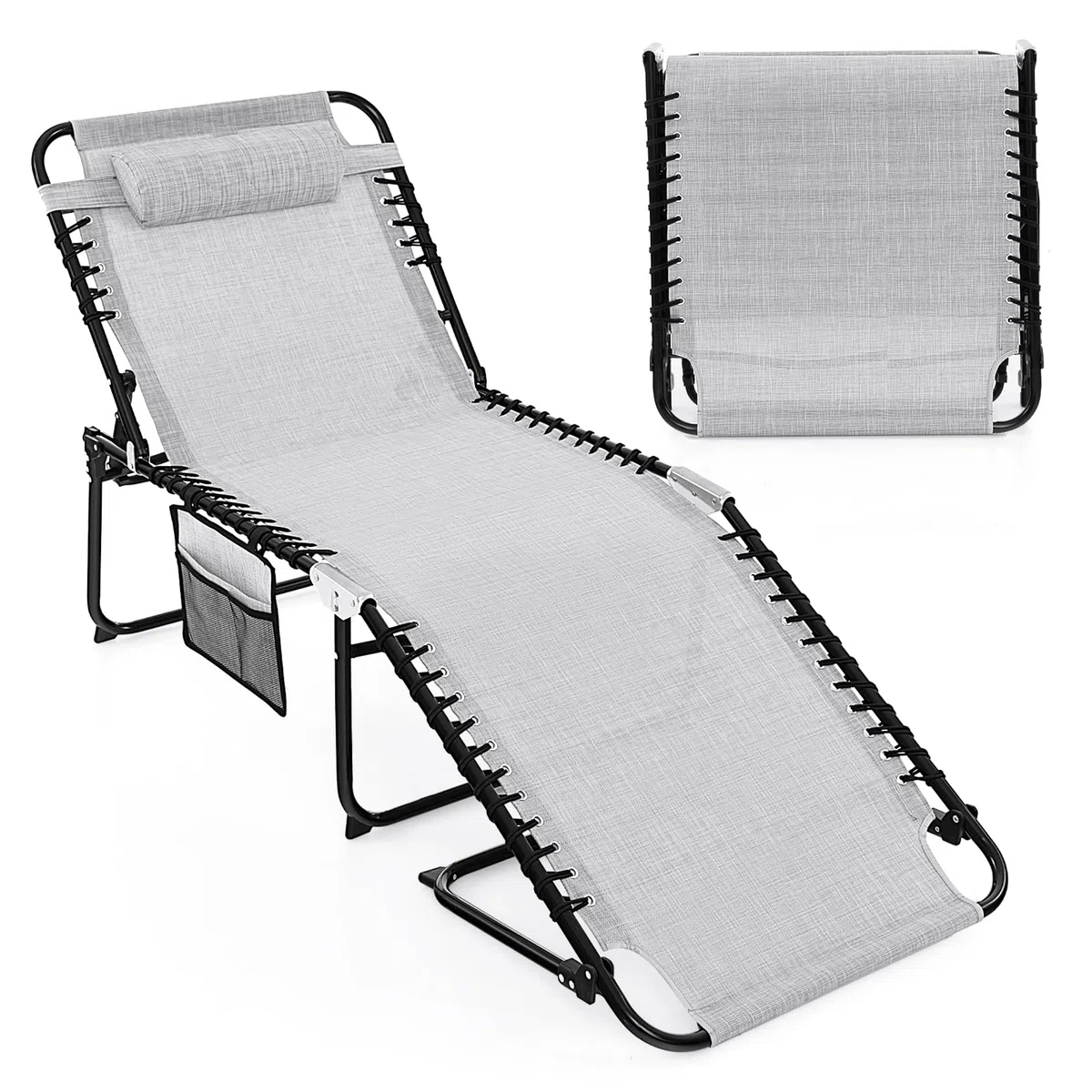 COSTWAY Lettino Prendisole da Giardino, Sedia a Sdraio Pieghevole con Schienale Regolabile, Cuscino Staccabile, Tasca, Portata 200 kg, 168-188 x 69 x 41-86 cm (Grigio)