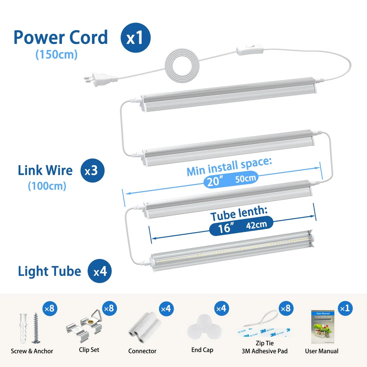 Lampade per Piante T5 da Interno, Confezione da 4Pack (42cm, 10W x 4) Luce LED a Spettro Completo con Riflettori per Piantine, Fascia Luminosa 4000K Bianca per Scaffali e Ripiani