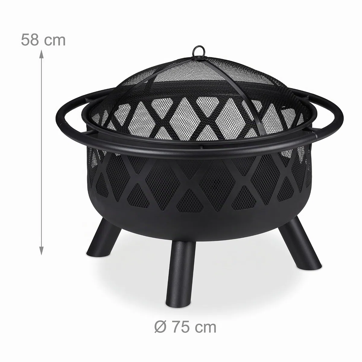 Relaxdays Braciere con Protezione Parascintille, D:75 cm, Giardino & Terrazza con Attizzatoio, Camino da Esterno, Nero