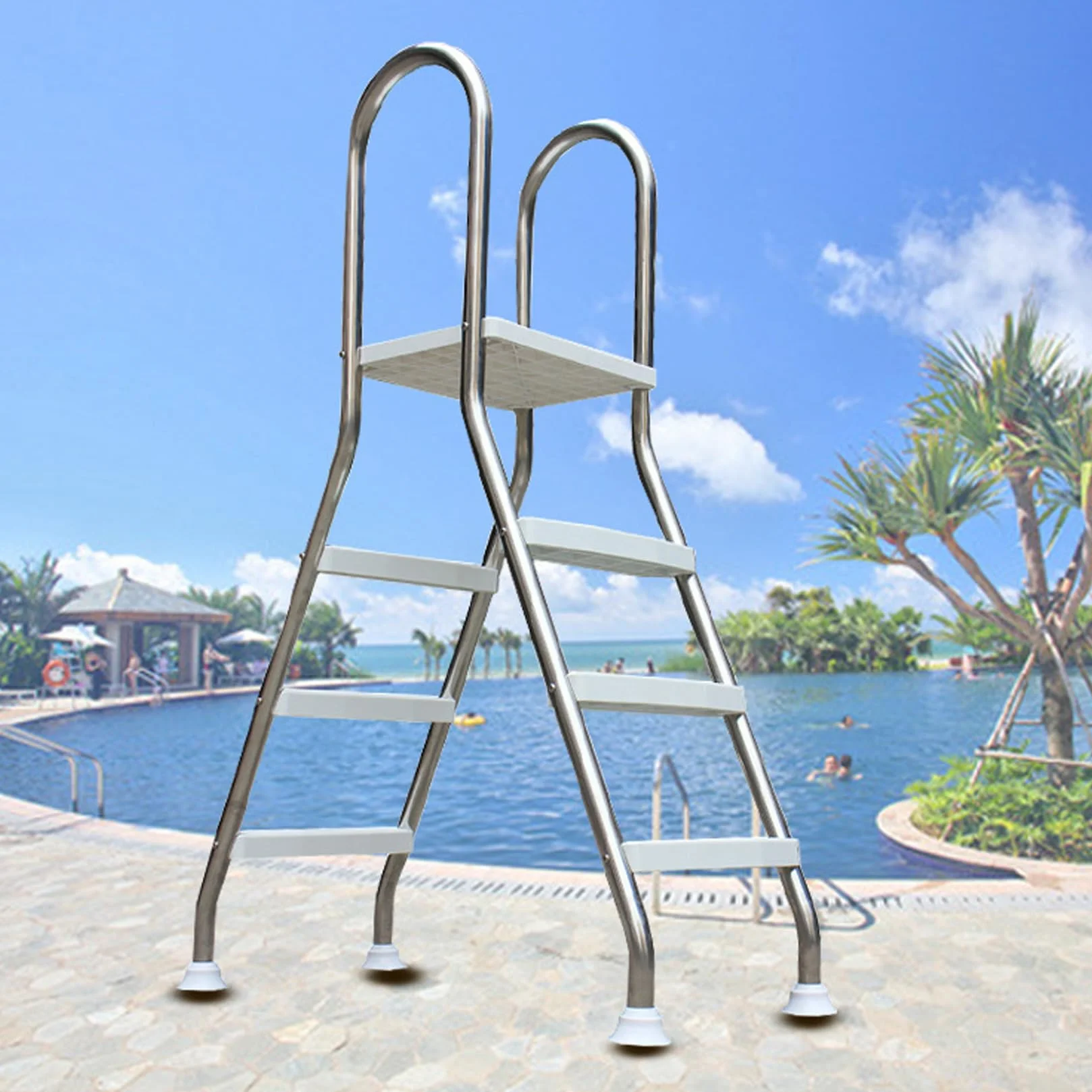 BOTOWI Scala per Piscina da 110 Cm con Piattaforma Deck Heavy Duty 304 Telaio in Acciaio Inossidabile Scaletta per Piscina Esterna da Cortile Fuori Terra, 3 Gradini Antiscivolo Sicuri