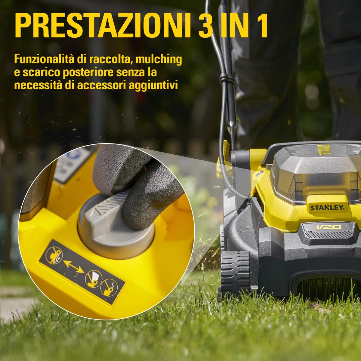 STANLEY V20 Cordless Brushless 34cm Walk-Behind Mower, include batteria Li-Ion 4Ah e caricatore 2A, 18V, SCMWP3401M1-QW
