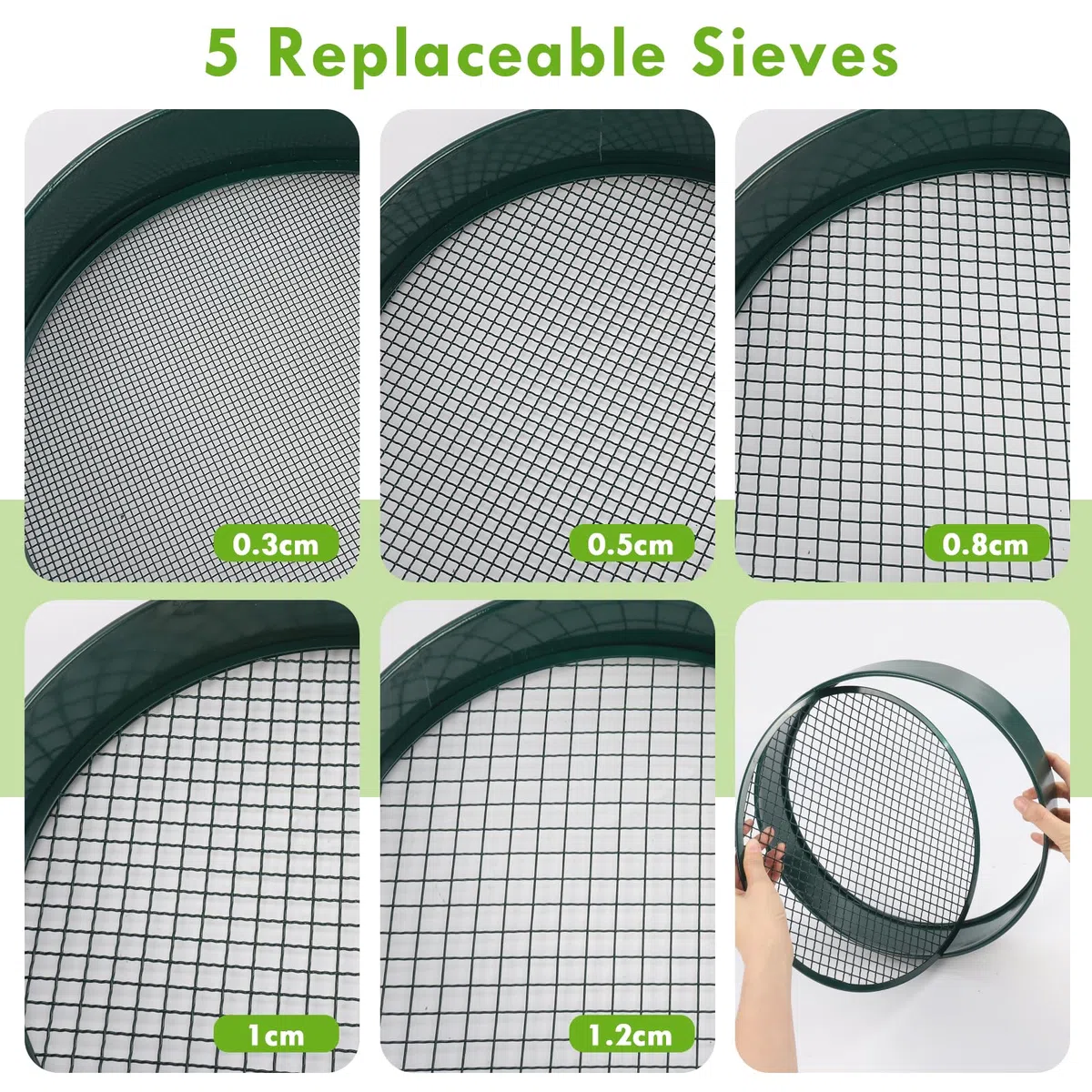 Setaccio Terreno per Giardinaggio, Setaccio Terreno in Acciaio Inox da 12 Pollici con 5 Schermi Fine Sostituibili, Guanti e Pala, Setaccio Sabbia, 3mm, 5mm, 8mm, 10mm, 12mm (Verde)