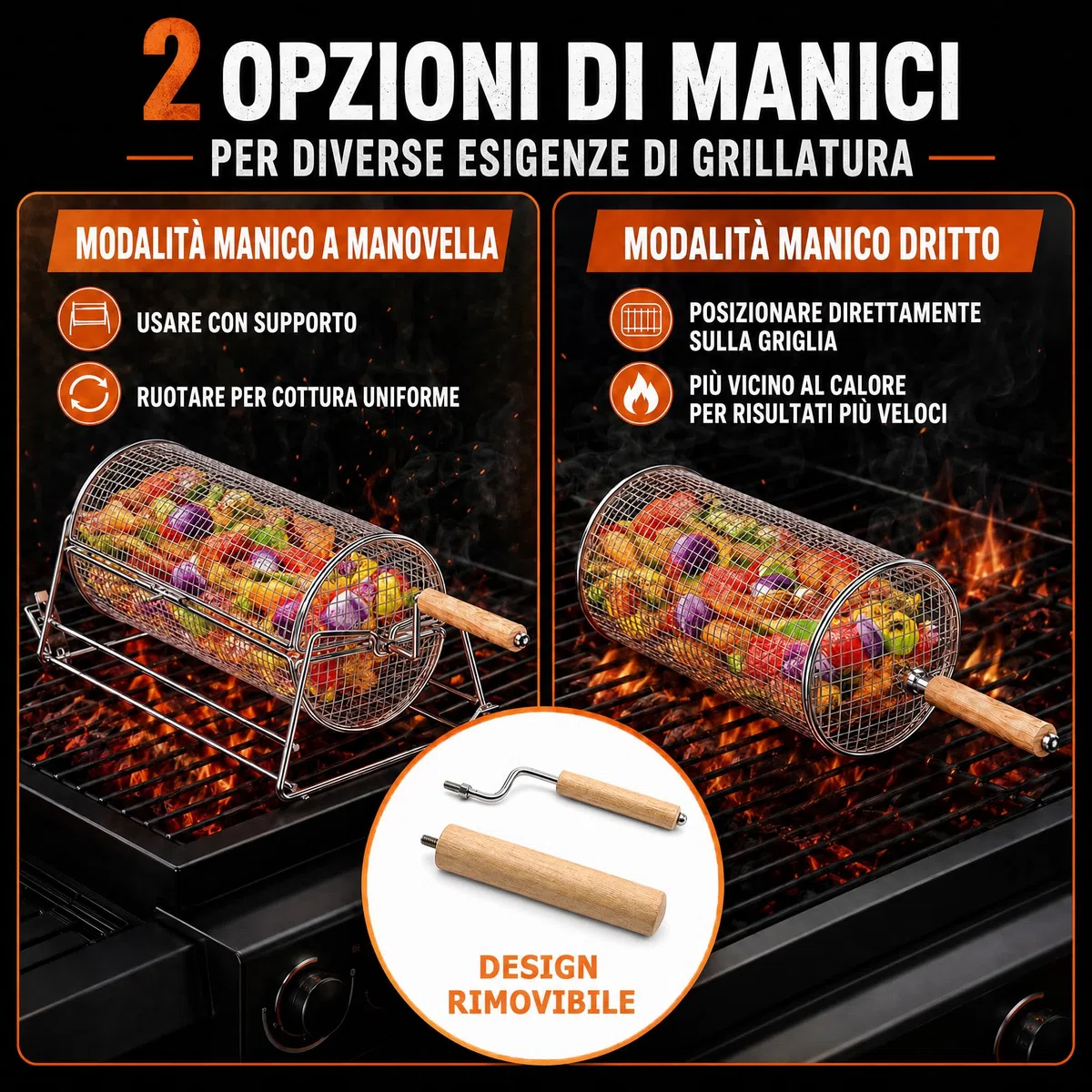 2-in-1 Cestello Barbecue Rotolabile Rotante, Acciaio Inossidabile 304 con Doppi Manici Rimovibili, Accessori per Verdure Gamberetti, Idea Regalo Uomo Papà Marito Compleanno Papà Marito Compleanno