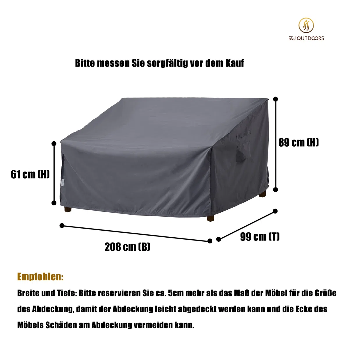 F&J Outdoors Copertura Protettiva per Divano da Giardino Impermeabile Resistente ai Raggi UV Copertura Protettiva per Panchina a 3 Posti Protezione per Divano da Esterno 208x99x61/89cm Grigio