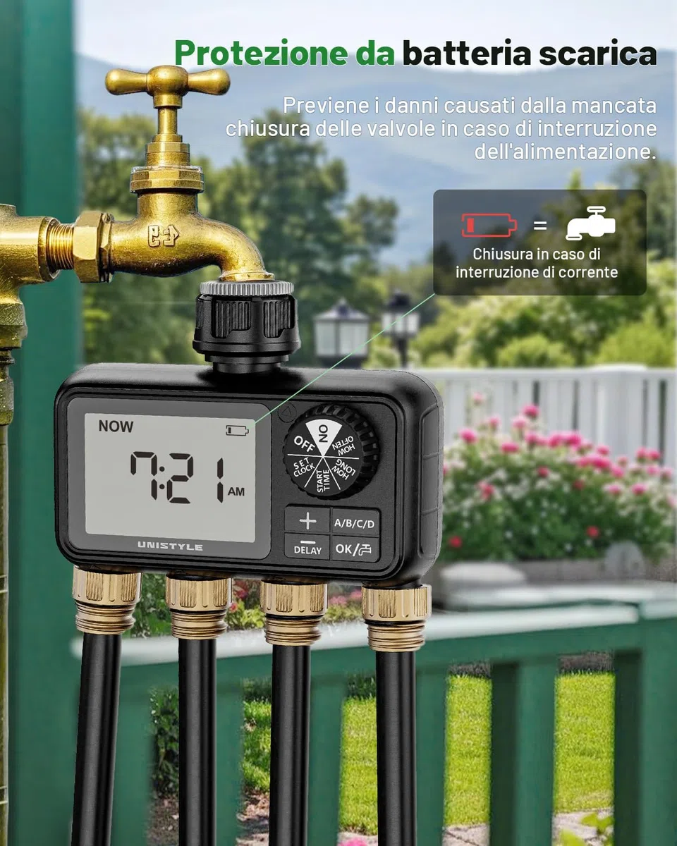 Unistyle Computer per irrigazione a 4 uscite, con timer automatico per l’irrigazione, ingresso in ottone integrato, per giardino, prati (versione in lingua italiana non garantita)