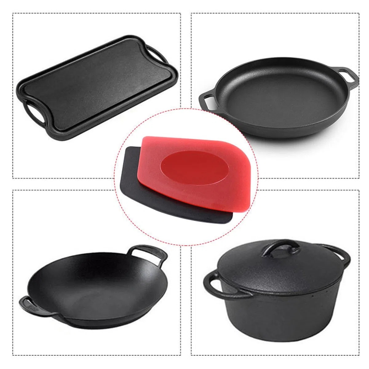 4 Pezzi BBQ Grill Raschietto Plastica Grill Raschietto Set Pentola Raschietto Padella Pulizia Padelle in Ghisa per Cucina Piatti Grill Padelle Pulizia Utensili da Cucina Rosso Nero