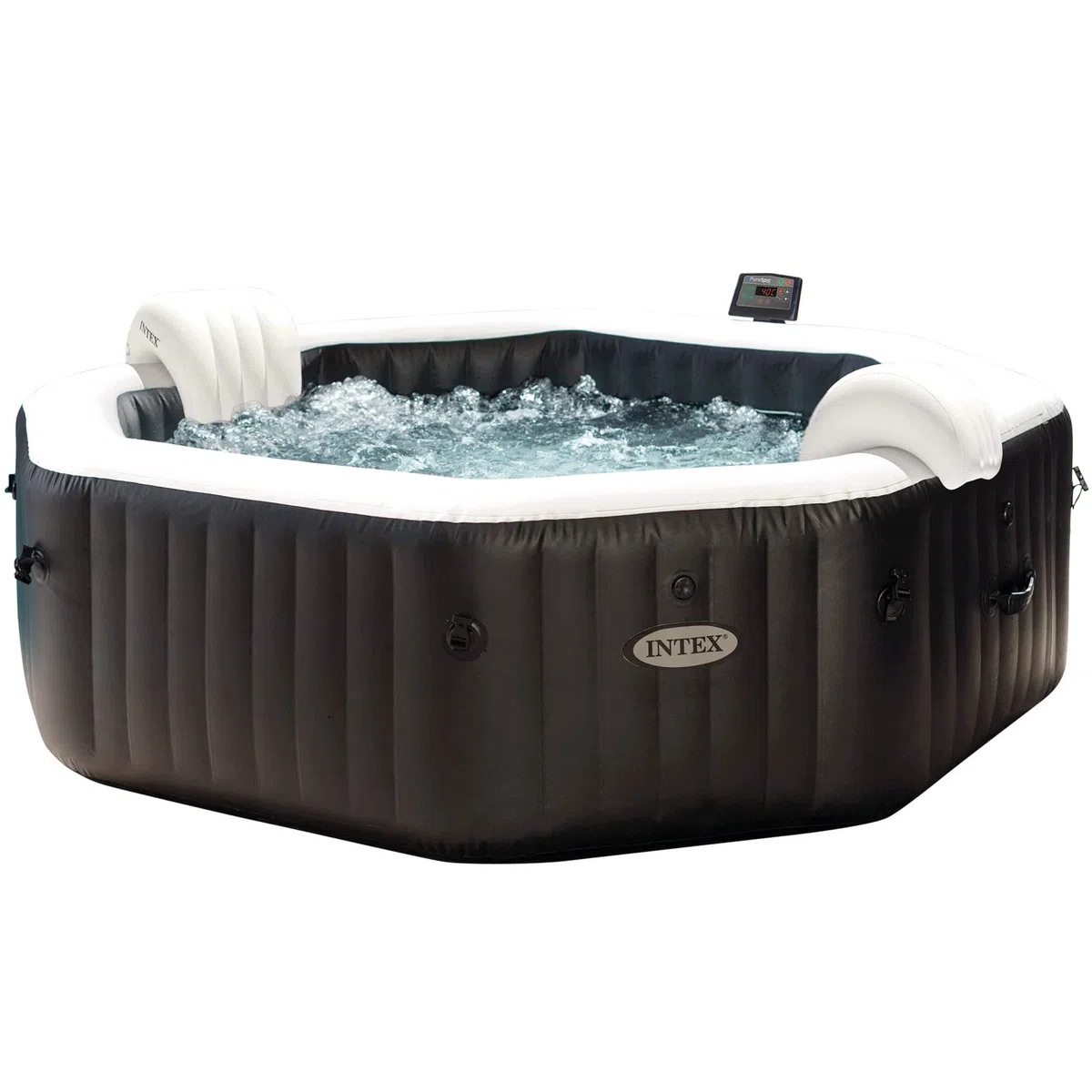 Intex 28462EX - PureSpa Vasca Idromassaggio Gonfiabile Jet&Bubble Deluxe Ottagonale, 6 posti, 140 Getti, Riscaldatore, Nero, 218x71 cm