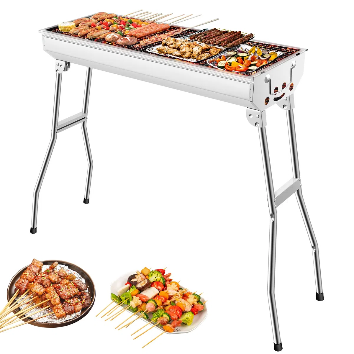 Barbecue a carbonella XXL (73 * 28 * 76 cm), Barbecue portatile a carbone, Griglia pieghevole in acciaio inox, Barbecue a carbone per esterni, Barbecue da tavolo a carbonella, Carrello barbecue