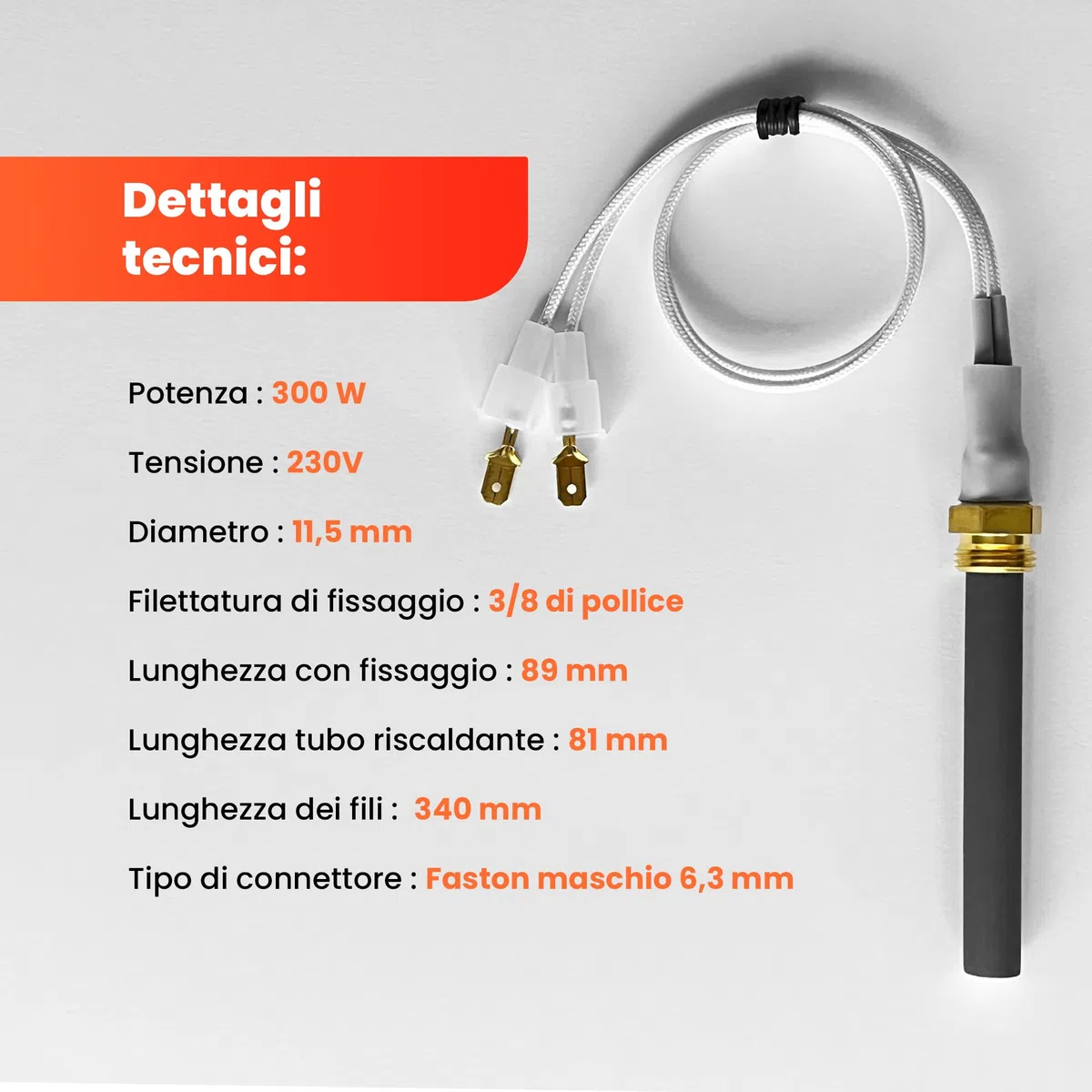 Candela ceramica per stufa a pellet NORDICA EXTRAFLAME/SKIA/RAVELLI/DAL ZOTTO – PSx 6-240-B – 300W, Ø11,55mm, 89mm, Modello non forato – Pezzo originale OEM GIAPPONE – GARANZIA 2 ANNI
