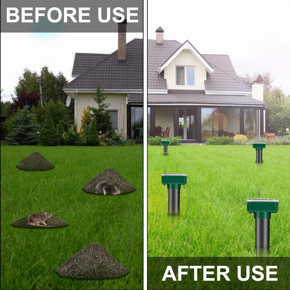 Distributori di talpe solari: IP65 impermeabile a energia solare, spaventaparvicole, antitalpe a ultrasuoni, per espellere, antitalpe, antiparassitari per il giardino (4 pezzi)