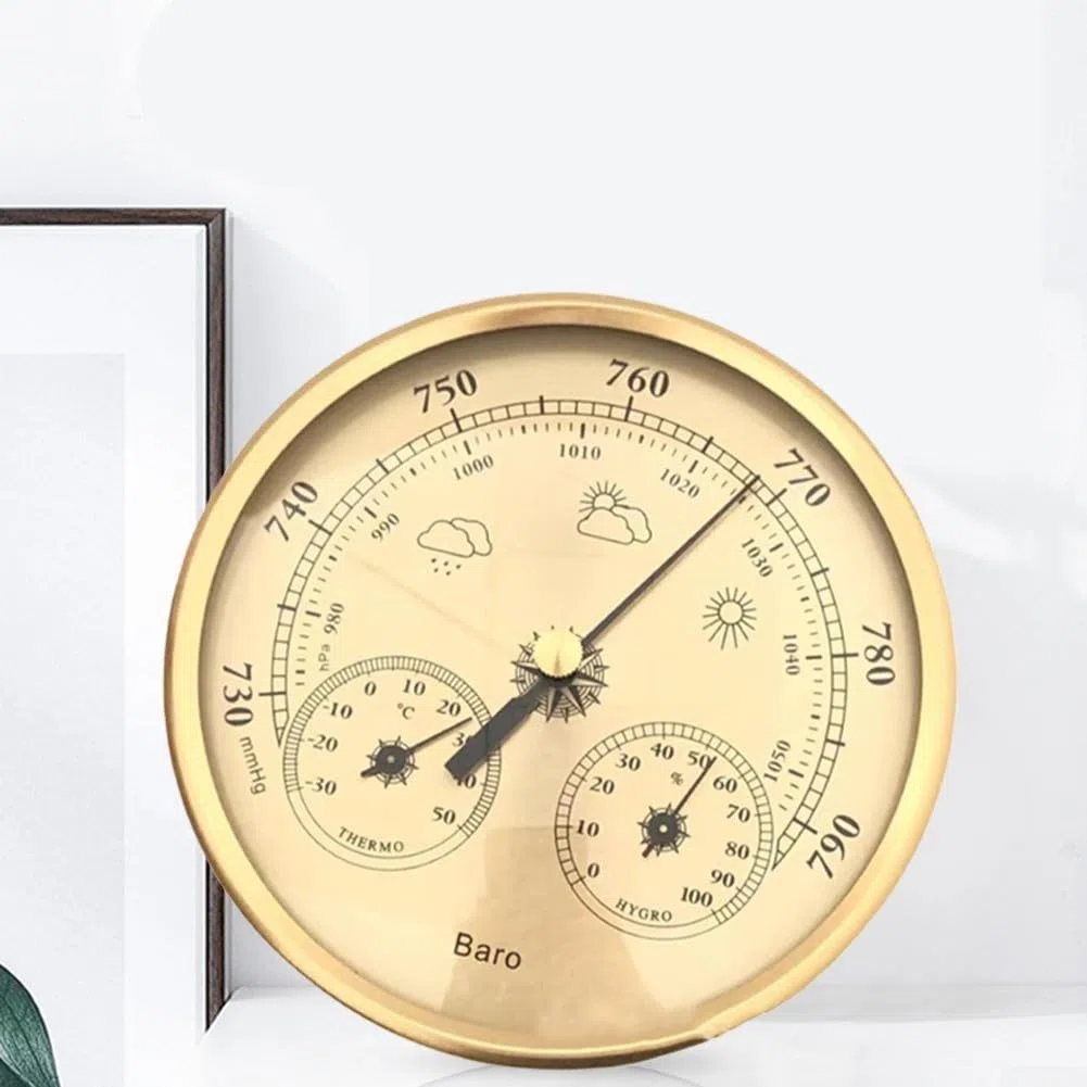 Zilimontt Barometro analogico con termometro e igrometro, stazione meteo 3 in 1 per interni ed esterni, telaio in acciaio inossidabile (oro), design orientato all'utente per una facile lettura