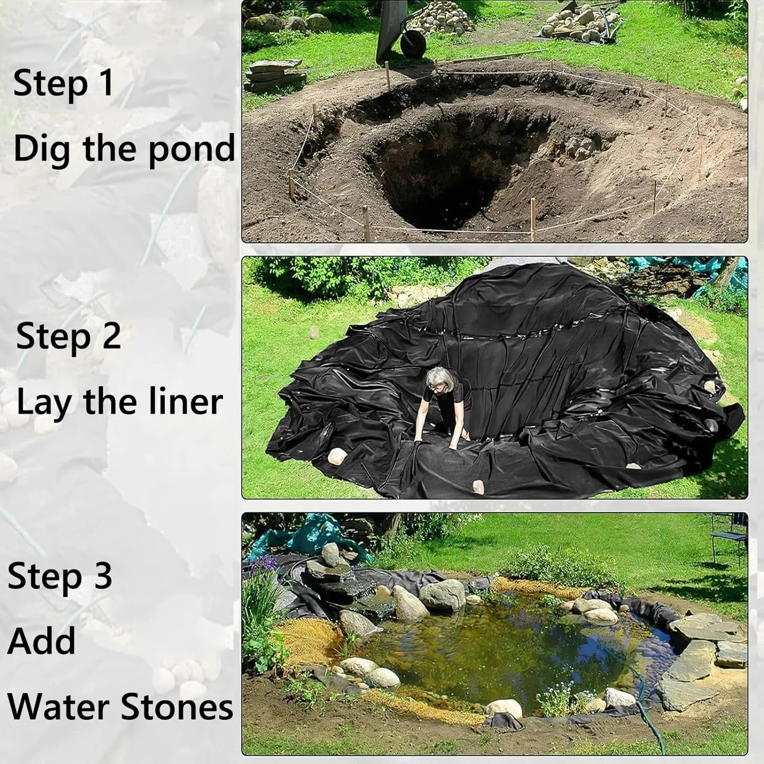 Telo in Gomma EPDM per laghetto, 15 x 15 m, Ideale per laghetti Esterni, cascate, acquaponica e bacini di ritenzione. Resistente e Sicuro per i Pesci.