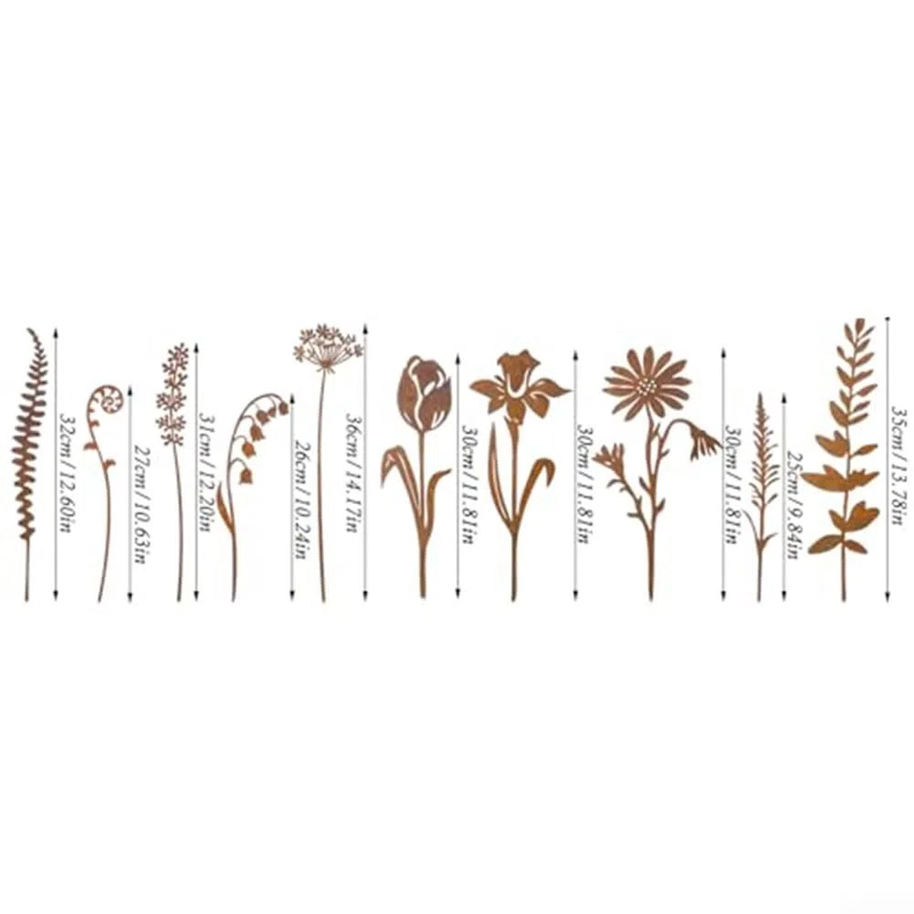 10 Pezzi Decorazioni da Giardino in Metallo Arrugginito, Fiori Rustici per Esterni, 10 Design Unici, Installazione a Pressione Senza Attrezzi, per Aiuole, Vasi, Sentieri, Cortile