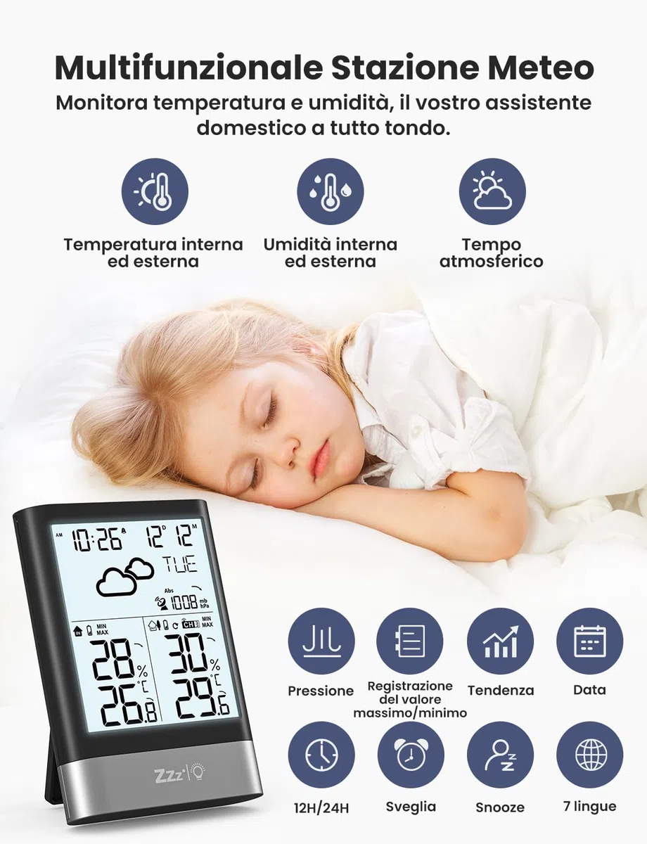 LIORQUE Stazione Meteo Con Sensore Esterno, Stazione Meteorologica Wireless Con RCC, Previsioni Del Tempo, Sveglia, Data, Temperatura,Umidità, Retroilluminazione Regolabile, Nero (Batteria Inclusa)