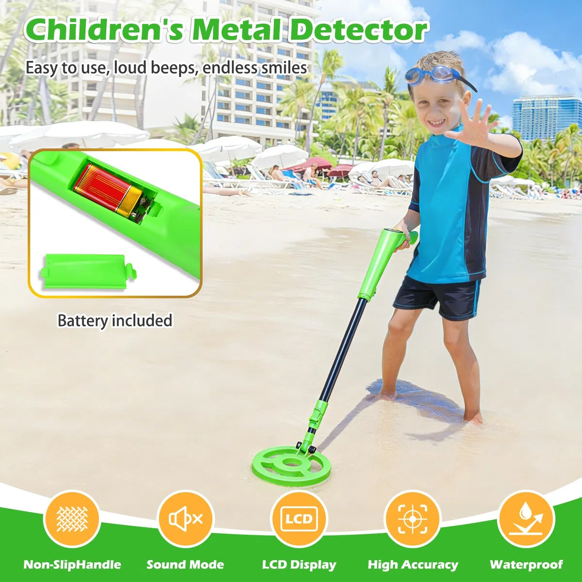 Metal Detector per bambini, rilevatore di metalli ad alta precisione con display LCD, rivelatore metallico leggero per bambini con manico regolabile, bobina di ricerca impermeabile da 6 pollici, verde