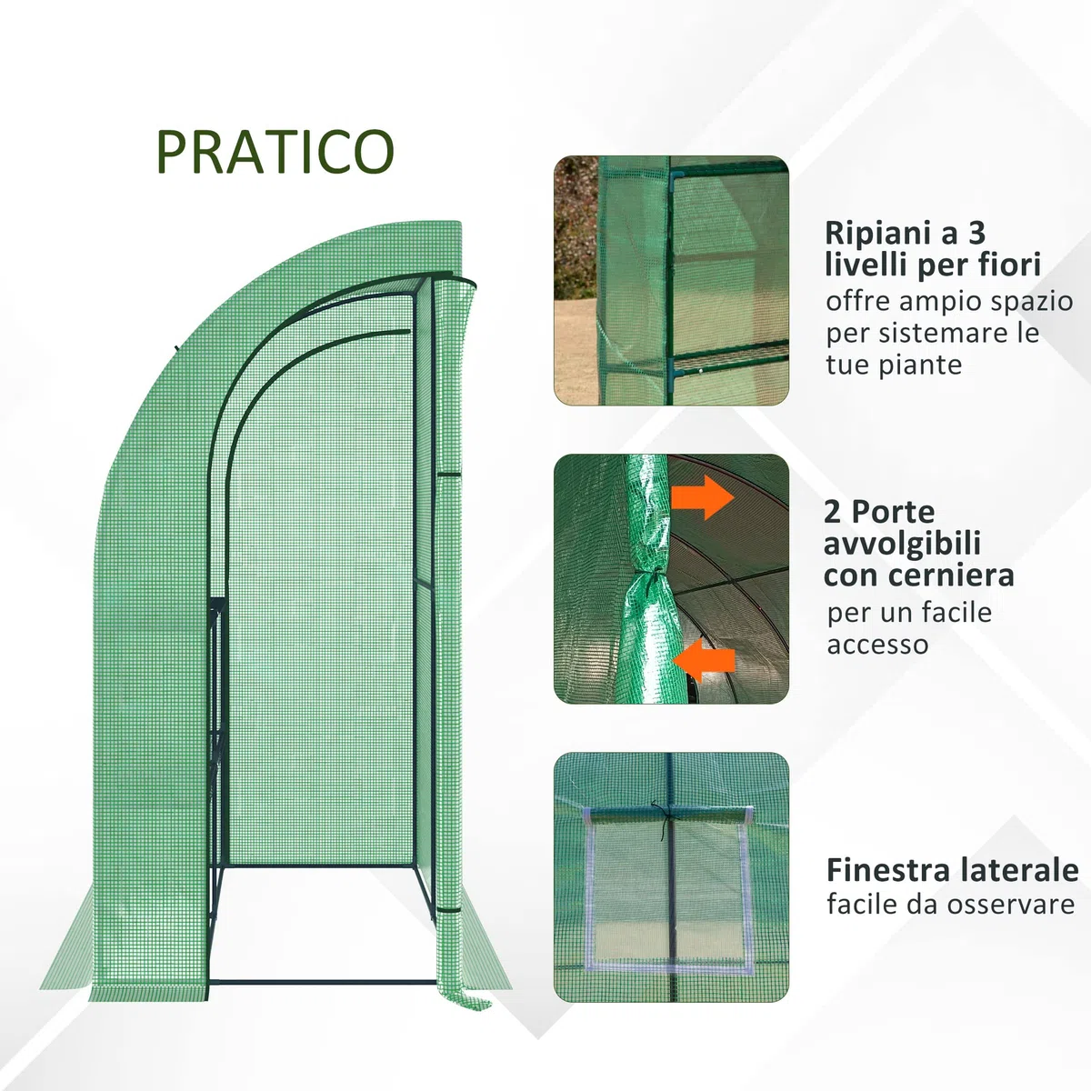 Outsunny Serra da Giardino Addossata 200x100x215cm a 3 Livelli, con 2 Porte Finestre Avvolgibili, Serra per Orto con Struttura in Acciaio e Copertura Plastica, per Orto Verdure Fiori, Verde