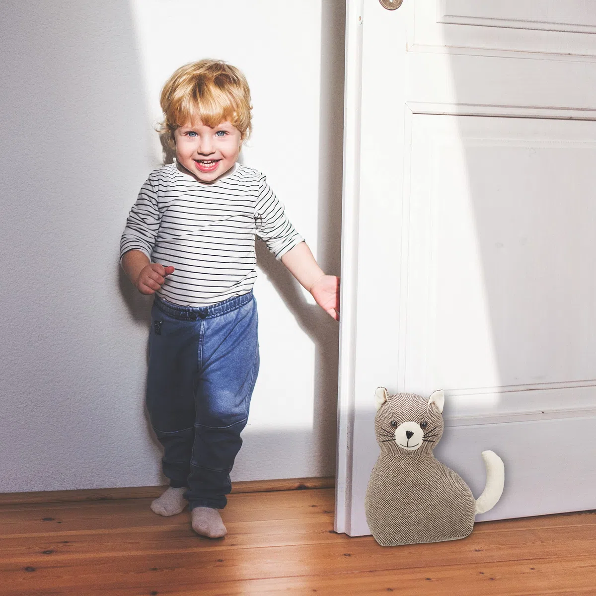 Relaxdays Gatto Fermaporta, Blocca Porta Pesante da Terra, in Stoffa, Interno in Sabbia, HLP: 25,5 x 22 x 10 cm, Marrone