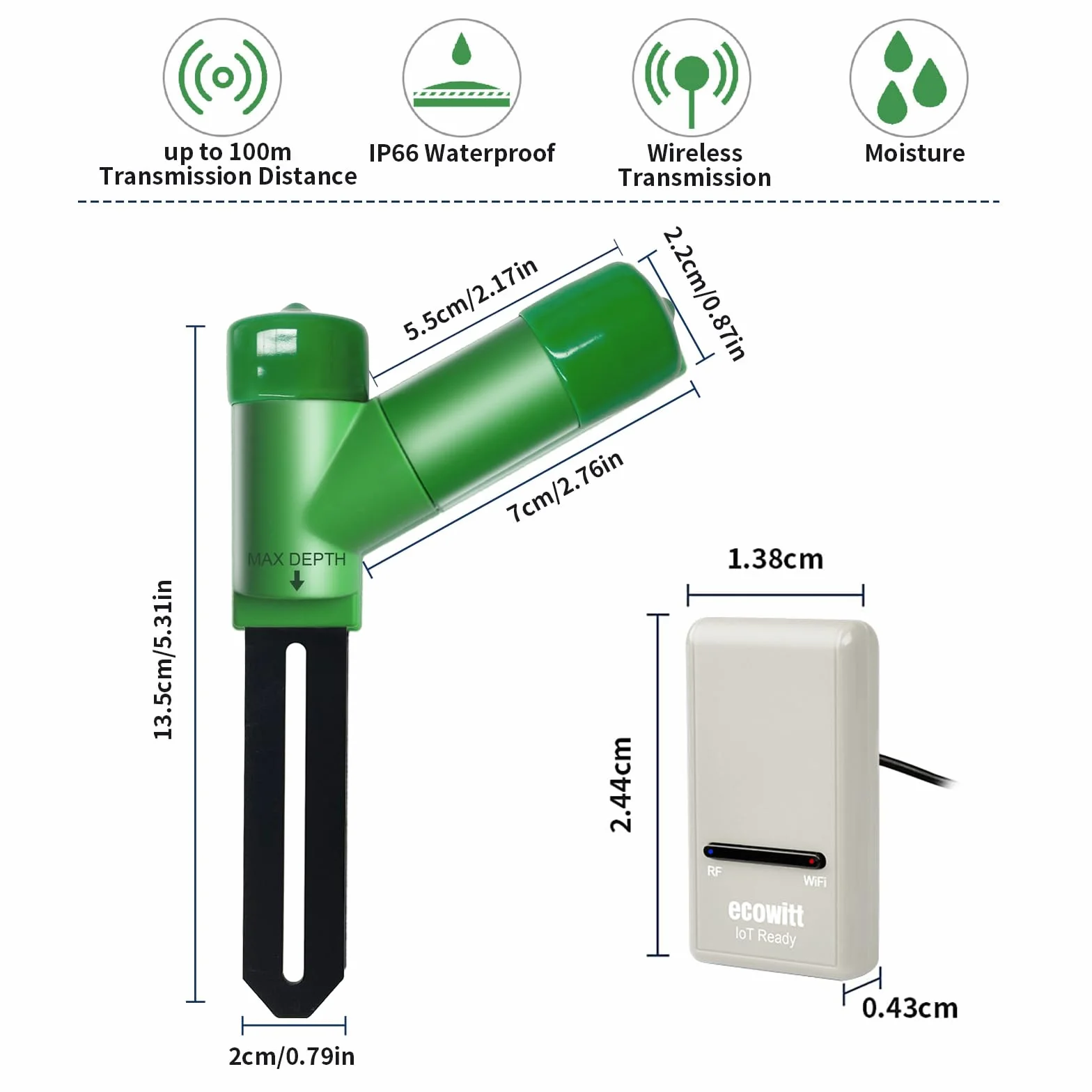 ECOWITT GW1206, Sensore di umidità del Suolo Senza Fili WH51, Tester igrometrico del Suolo vegetale + Gateway IOT Wi-Fi 3 in 1 GW1200