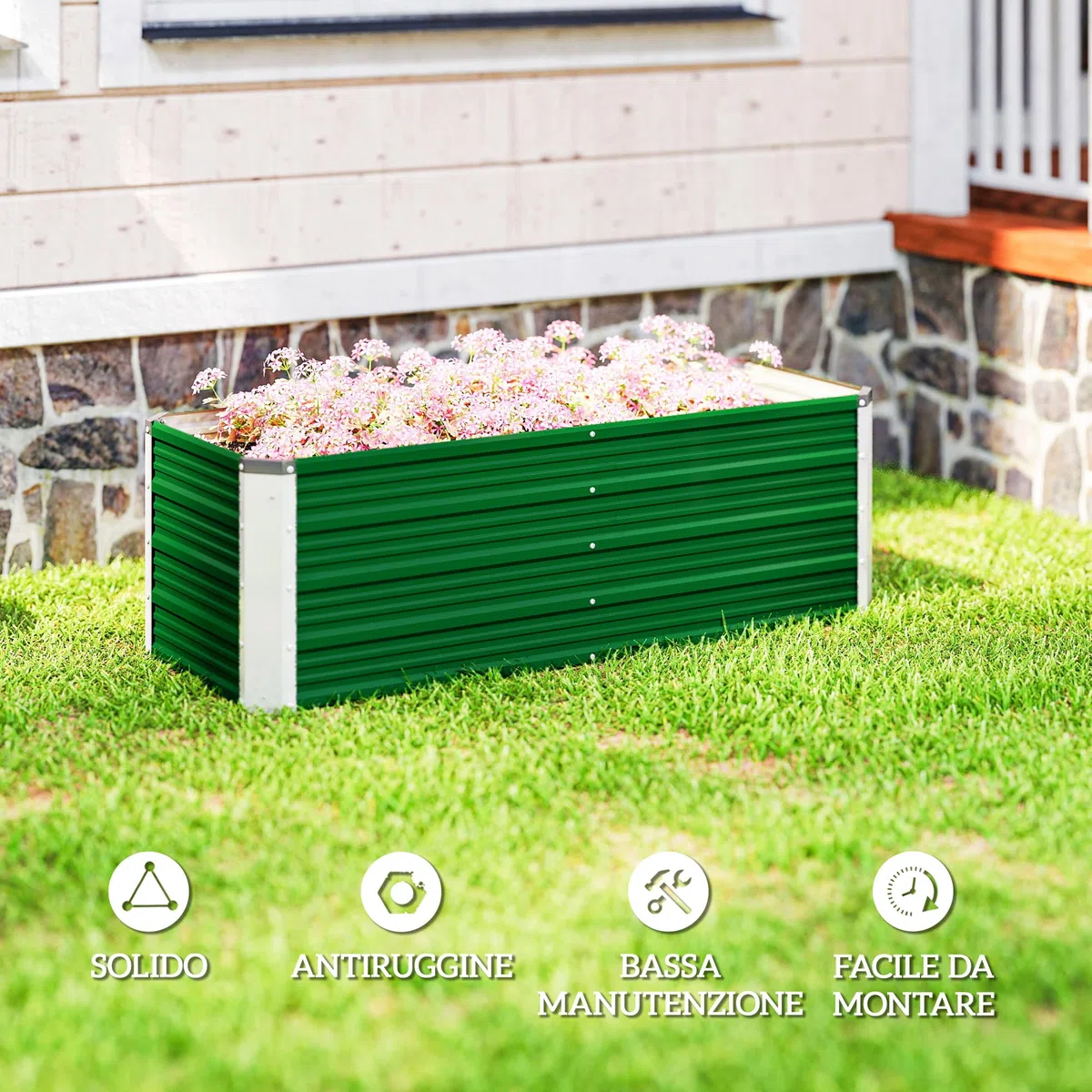 Outsunny Letto per Orto Rialzato da Esterno 210L, Fioriera da Balcone in Acciaio Galvanizzato con Fondo Aperto, per Piante, Fiori e Verdure, 125x47x44 cm, Verde