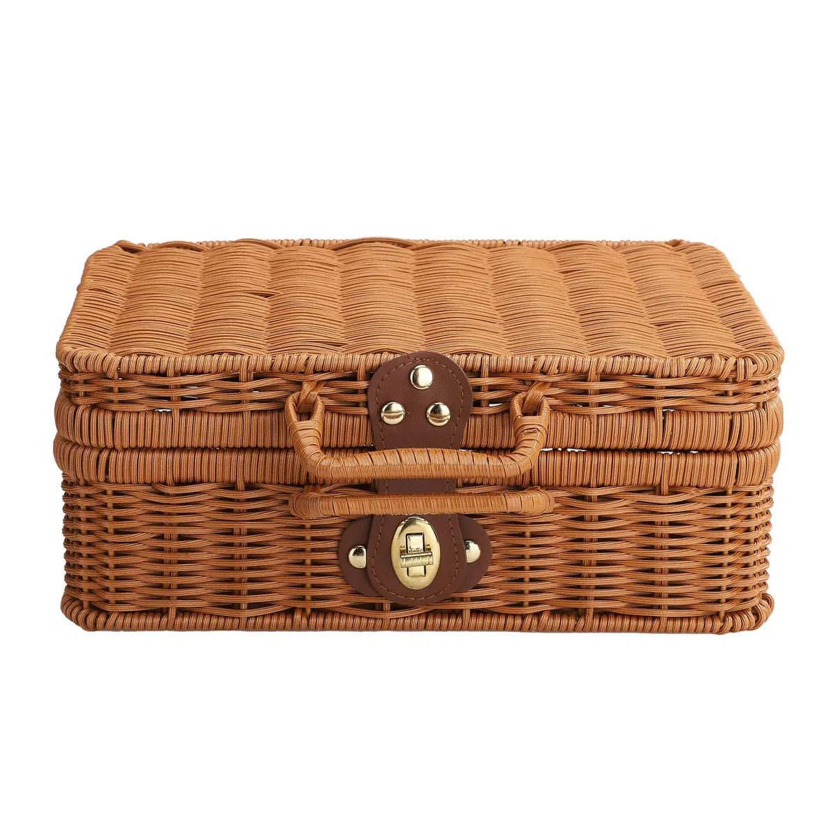 CDQL Valigia in Vimini in Plastica retrò, Scatola per Valigie in Rattan con Chiusura a Cinturino in Pelle, Scatola Portaoggetti per Cestino da Picnic in Vimini, Cestino per Valigie in