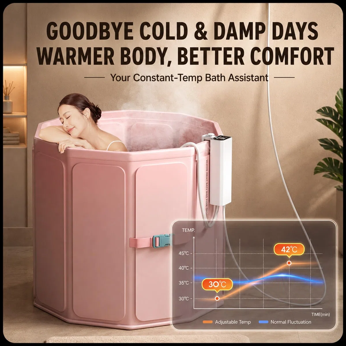 Termostato Per Riscaldatore Di Vasca Idromassaggio Pieghevole Per Adulti, Riscaldatore Ad Immersione Da 1200W Con Temperatura Regolabile Da 30 A 42°C, Riscaldatore Sommergibile Portatile