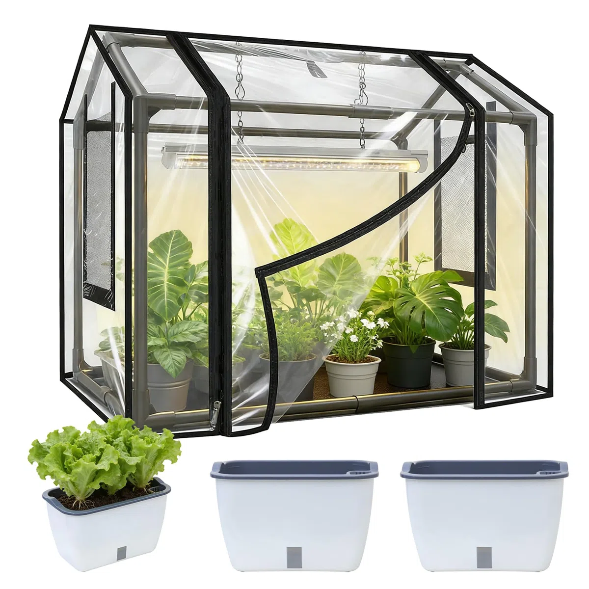 Kit di Piantagione, Serra da Balcone con 2 Vasi per Piante Copertura PVC 60 x 40 x 50 cm con Porta Avvolgibile a Cerniera Serra da Giardino Resistente Alle Intemperie Trasparente per Giardino Balcone