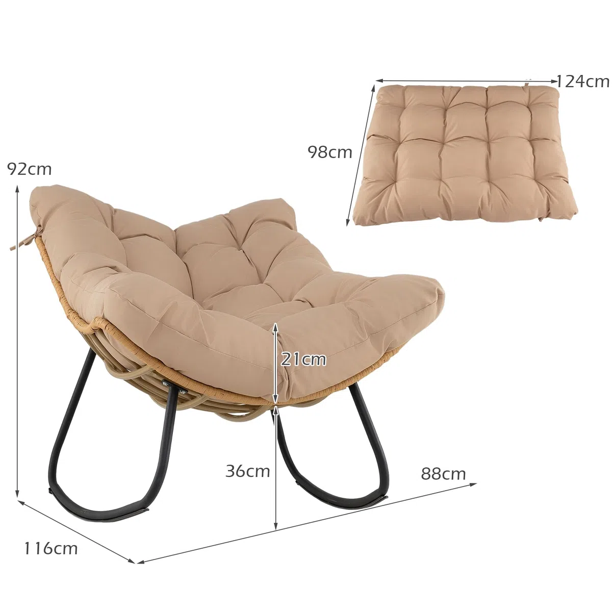 SOARS Sedia a Dondolo da Esterno, Poltrona a Dondolo da Interno con Cucscino Morbido, Struttura in Metallo e Rattan PE, per Terrazza, Bordo Piscina, Balcone, Soggiorno, 116 X 88 X 92 CM (Beige)