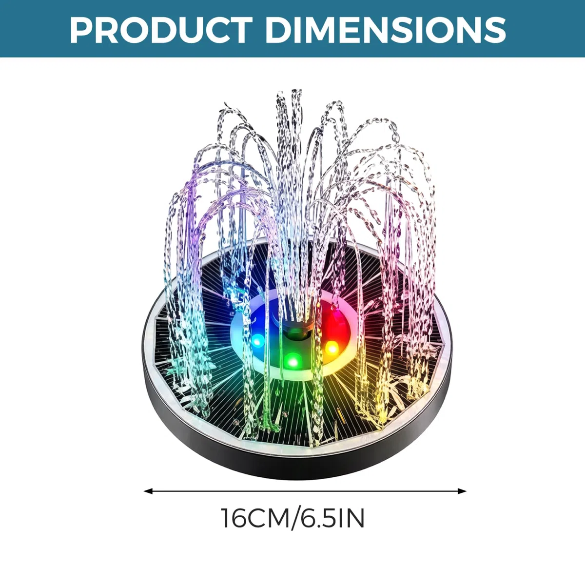 Fontana ad energia solare da 16 pollici con luci LED colorate Fontana galleggiante RGB con 6 ugelli spray per il bagno degli uccelli Decorazione da giardino all'aperto