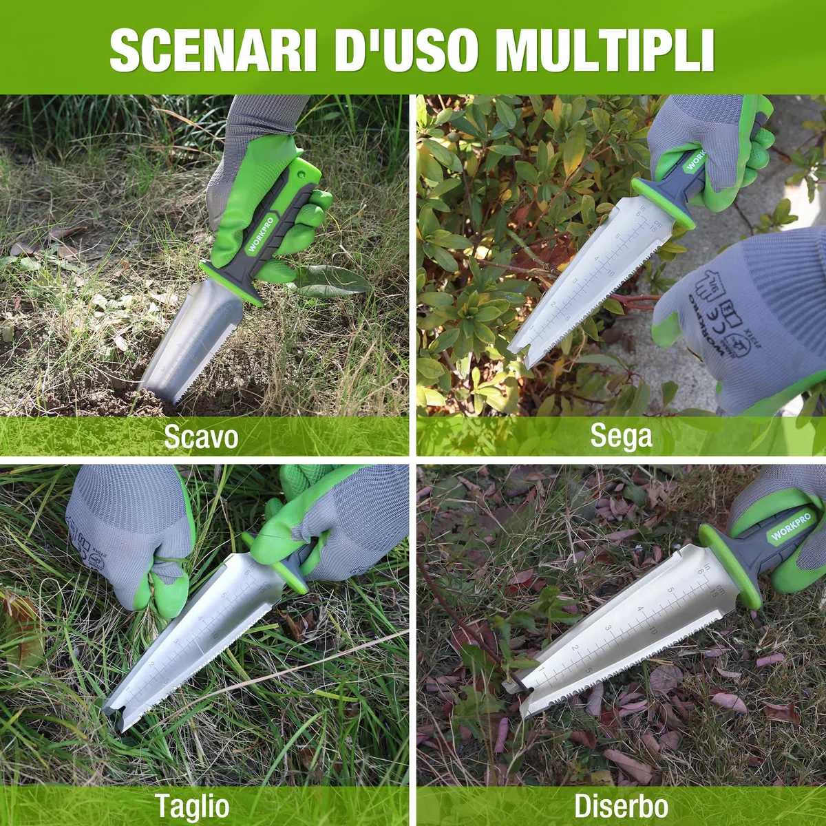 WORKPRO Paletta da Giardino con Custodia in Oxford, Lama in Acciaio Inossidabile Seghettata, Coltello da Giardino per Estirpazione, Piantagione e Scavatura