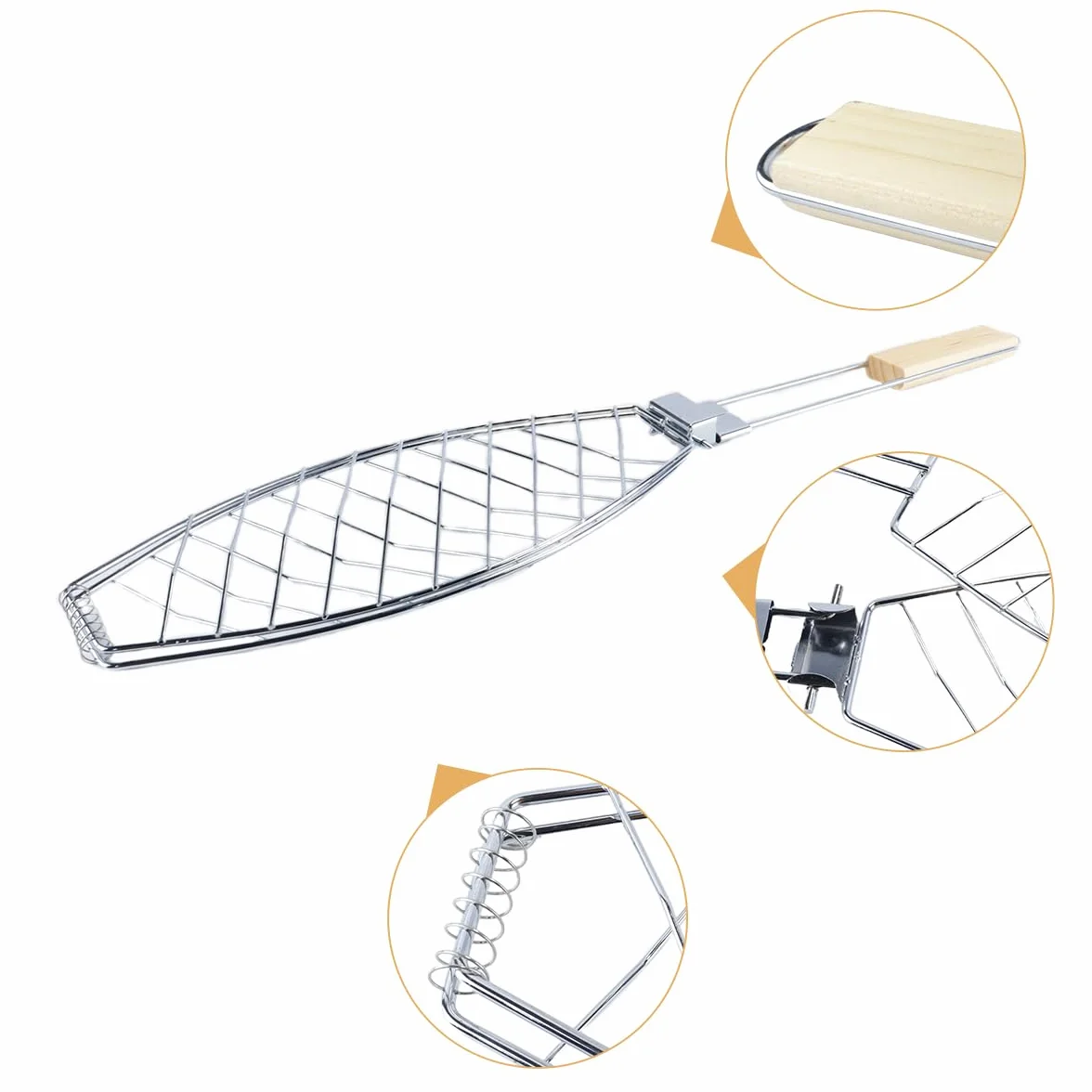 Arrostitore per pesce, supporto per griglia per pesce in acciaio inox con manico in legno, vassoio multifunzionale per barbecue per frutti di mare e verdure