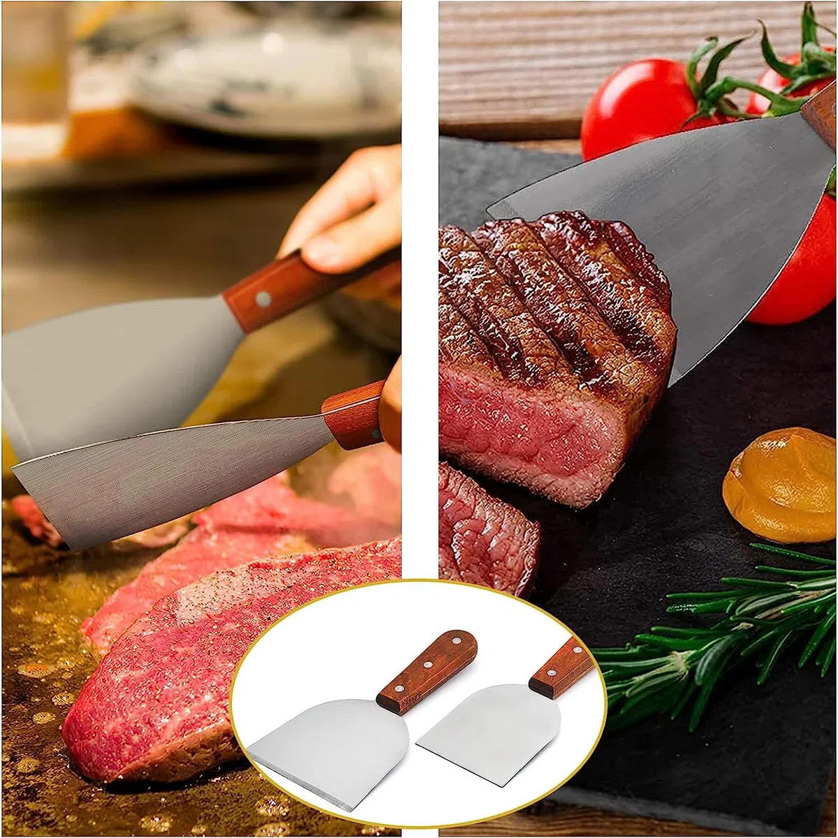 Set di 2 spatole per hamburger, in acciaio inox, spatola con manici in legno, spatola plancha, raschietto professionale, spatola per barbecue teppanyaki, bistecche, pizza