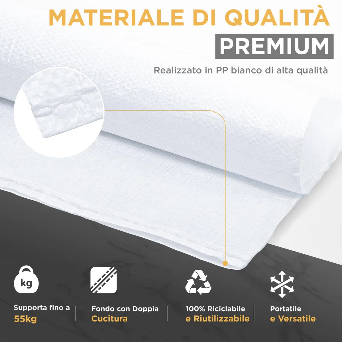 Sacchi per Macerie (20 UNITÁ) | 55 x 95cm - Resistente (55 kg) e Riutilizzabile | Sacchi in Polipropilene | Perfetto per Sabbia, Terra, Giardino, Edilizia e Foglie