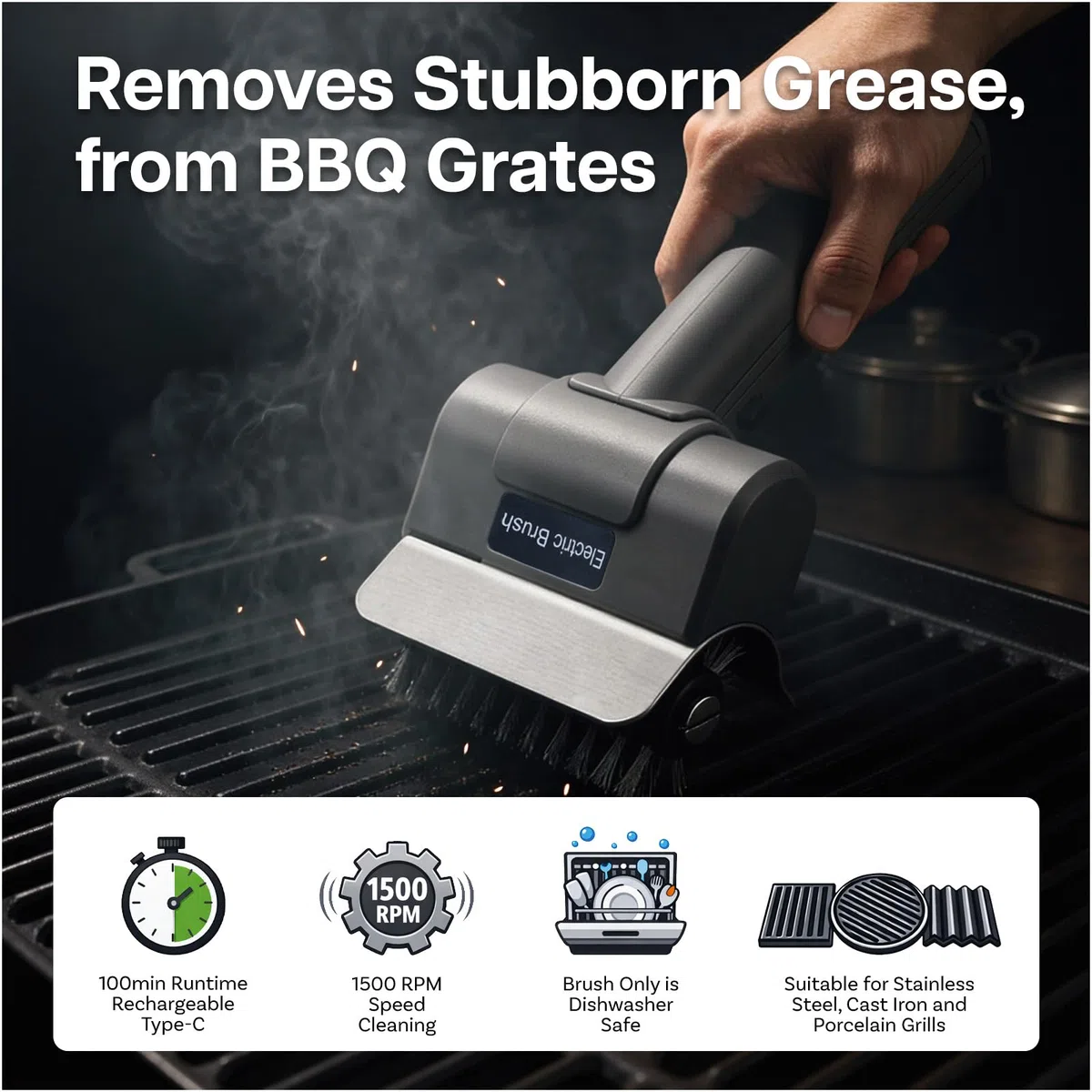 Spazzola Elettrica per Barbecue di MMOBIEL – Pulitore BBQ Senza Fili con 100 Minuti di Autonomia, Motore ad Alta Coppia, Velocità Rotazione 1500 RPM, Manico Ergonomico, Cavo USB di Ricarica & Guanti