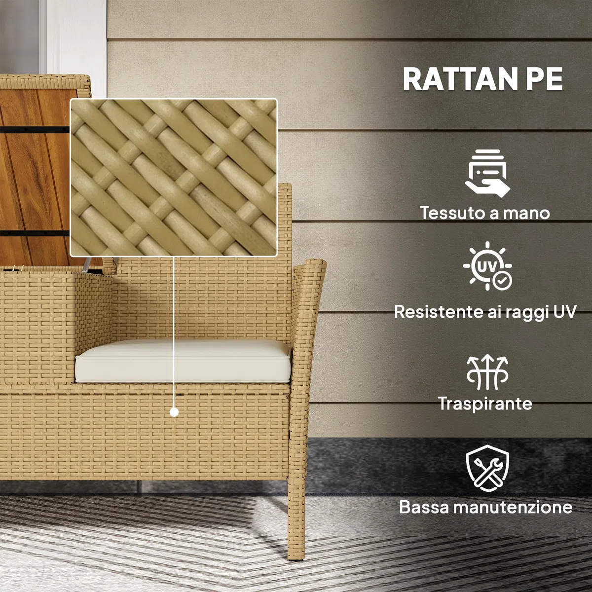 Outsunny Panchina da Giardino a 2 Posti in Rattan e Acciaio 134x58x82 cm | Panchina da Esterno con Cuscini, Tavolino a Ribalta con Spazio Portaoggetti Nascosto, Divano da Esterno, Crema e Cachi