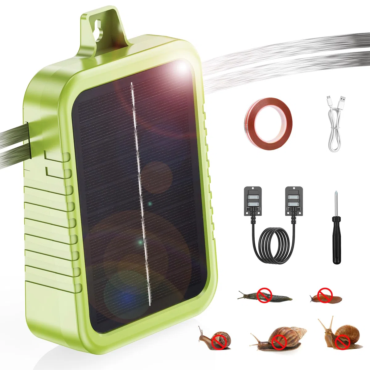 Kit di Recinto Elettrico Anti-Lumache, Pannello Solare 2W e Batteria al Litio Integrata 2.4Ah, Dispositivo di Protezione con Nastro Recinto 12m e Accessori Anti-Lumache, per Protezione Giardini