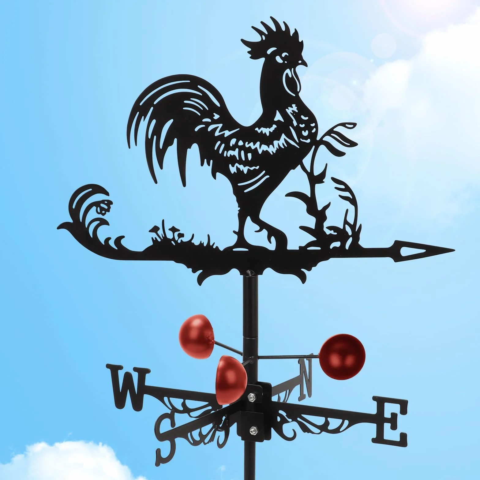 Qivine Gallo Segnavento da Giardino, Retrò Banderuola da Metallo con Supporto e Simbolo Direzionale, Decorazioni Giardino per Cortile, Terrazza e Tetto, 33x58cm