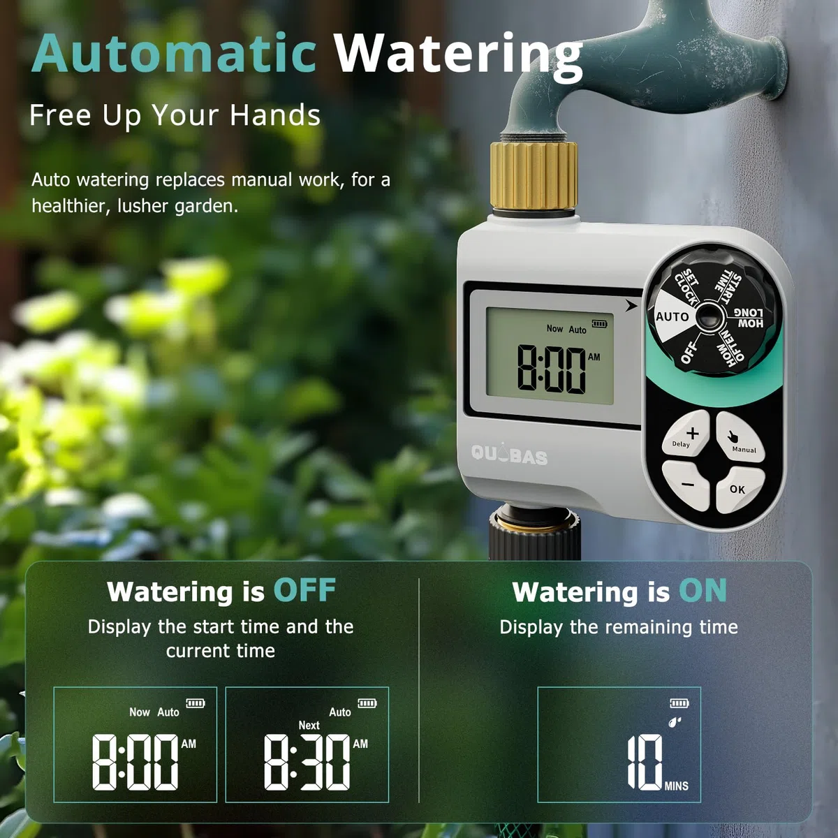 QUOBAS Irrigatore Timer per tubo da giardino, programmabile digitale in ottone con ritardo pioggia / automatico / manuale 3 modalità, piscina, prato, sistema di irrigazione a goccia, alimentato a