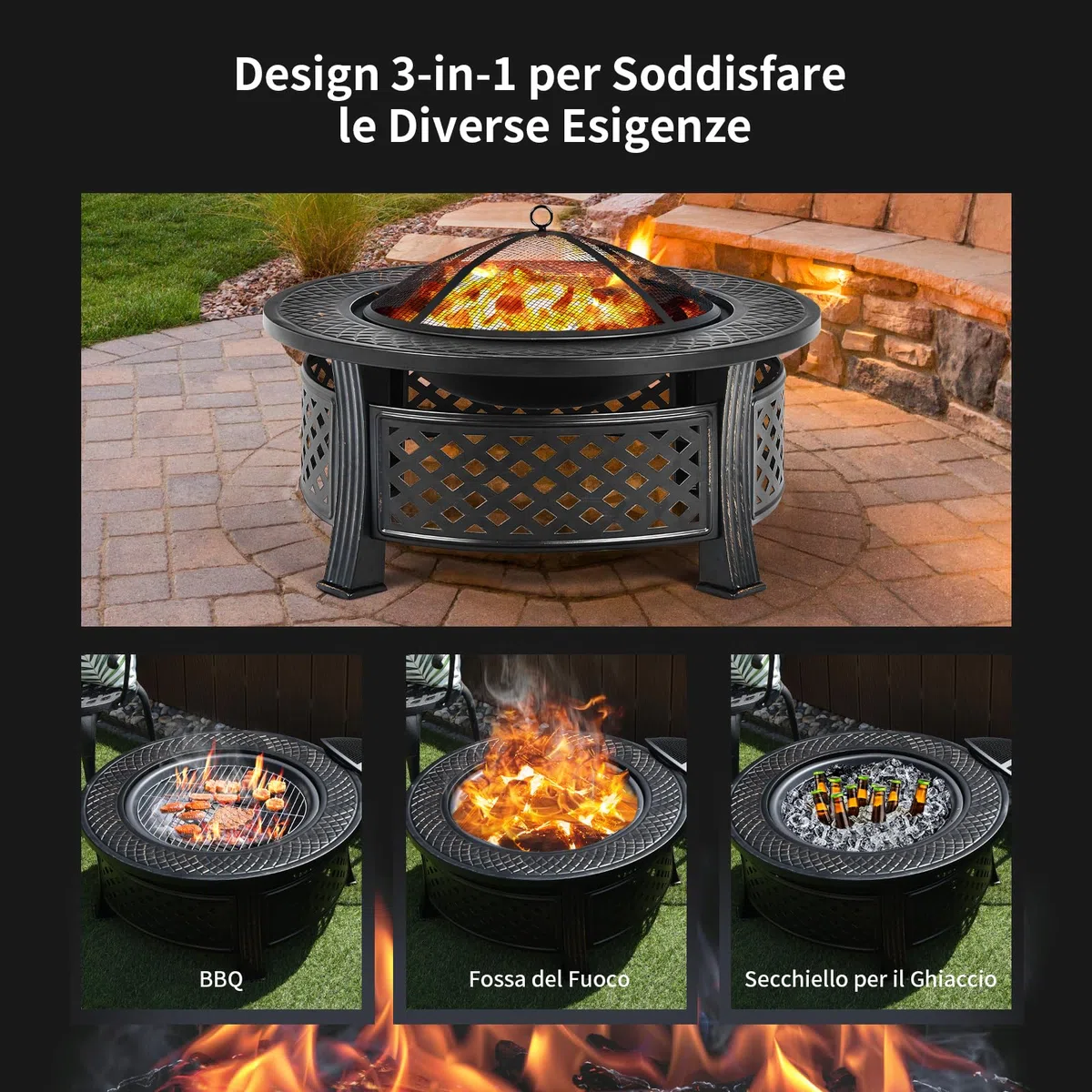 COSTWAY Braciere da Giardino, 3 in 1 Braciere da Esterno con Copertura Protettiva, Copertura Antipioggia e Attizzatoio, Diametro: 50 cm, per Campeggio, Cortile, Patio