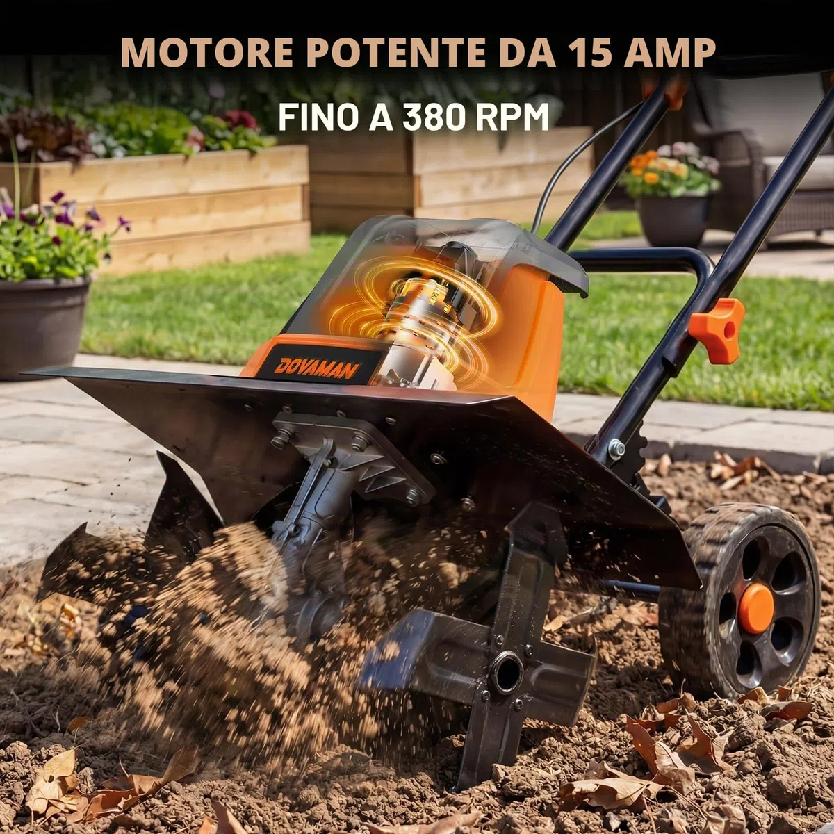 DOVAMAN Motozappa Elettrica 1800W, 46 cm Larghezza di Lavoro, 20 cm Profondità, 6 Lame in metallo, Ruote Regolabili a 4 Posizioni, Manico Pieghevole-T03