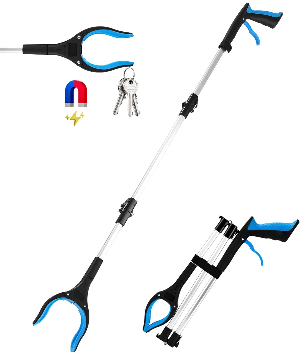 Pinza telescopica Pieghevole per anziani in alluminio, 110 cm, pieghevole con punte magnetiche, per la raccolta dei rifiuti (Blu)