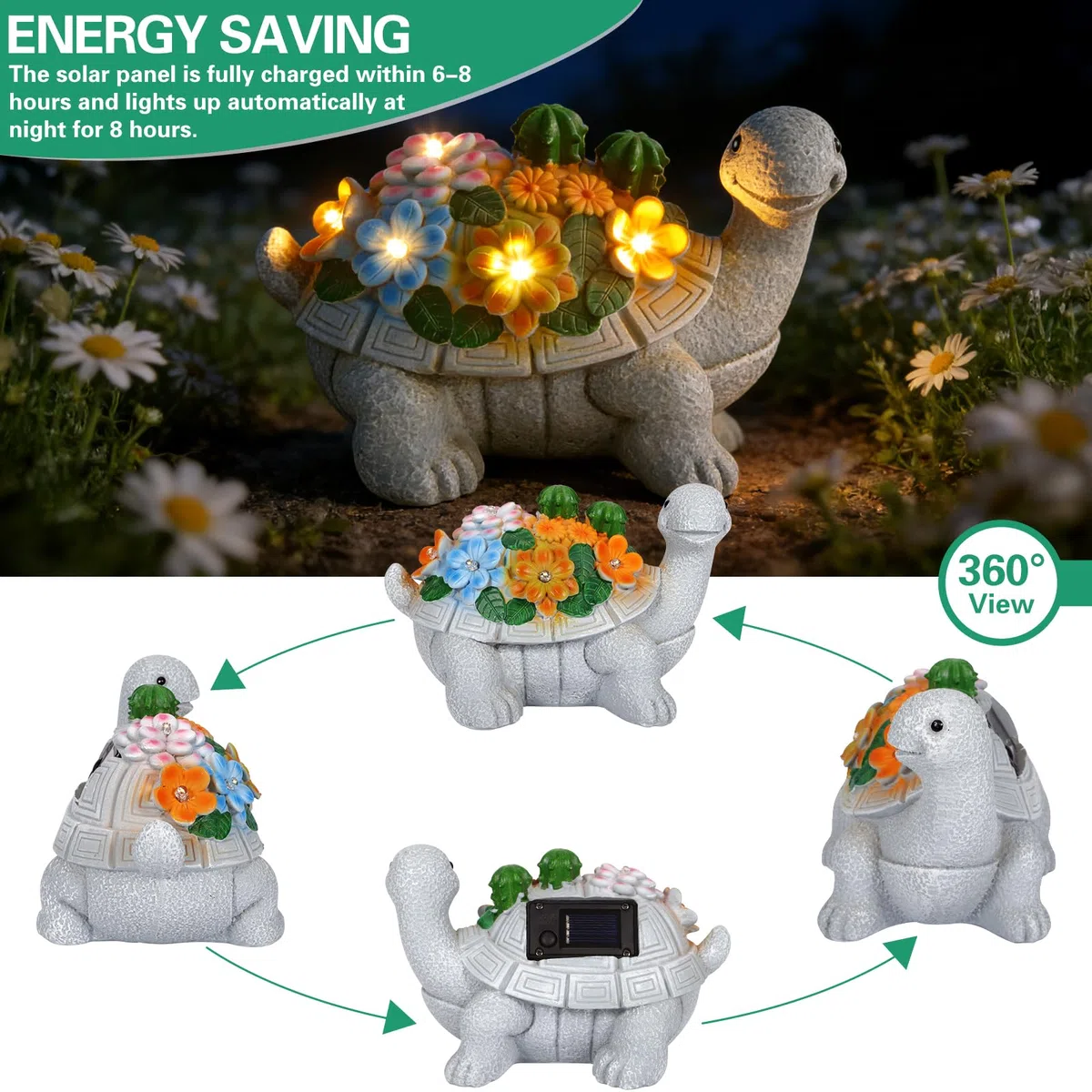 Figure Solari da Giardino a Forma di Tartaruga, Decorazione da Giardino, con piante grasse e 5 luci a LED, casa, balcone, Regalo San Valentino per lei per Donna Compleanno Natale