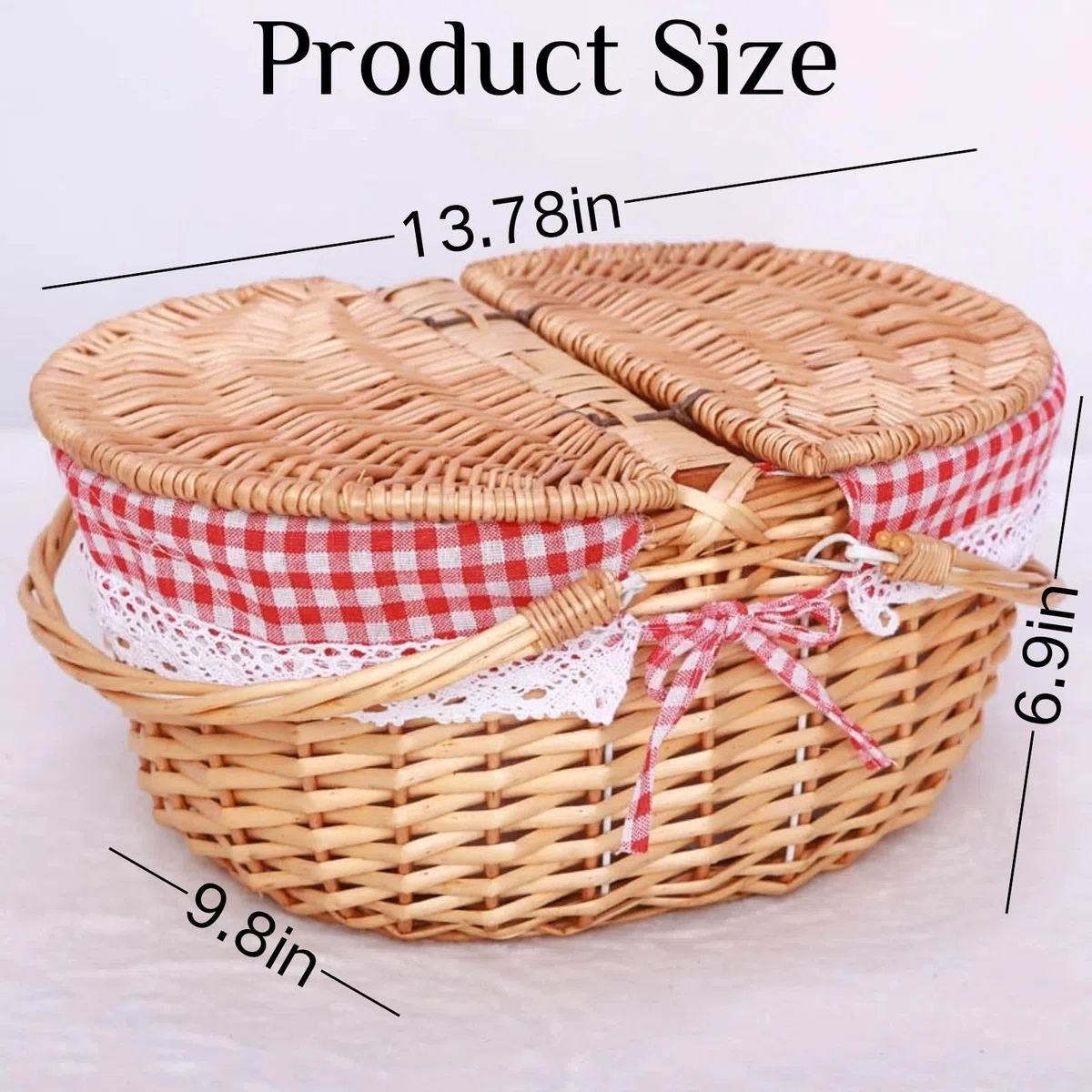Cestino da picnic con fodera, cestino da picnic in vimini con coperchio, stile vintage, grande cestino intrecciato con doppi manici pieghevoli, per campeggio, San Valentino, ringraziamento (35 x 25 x