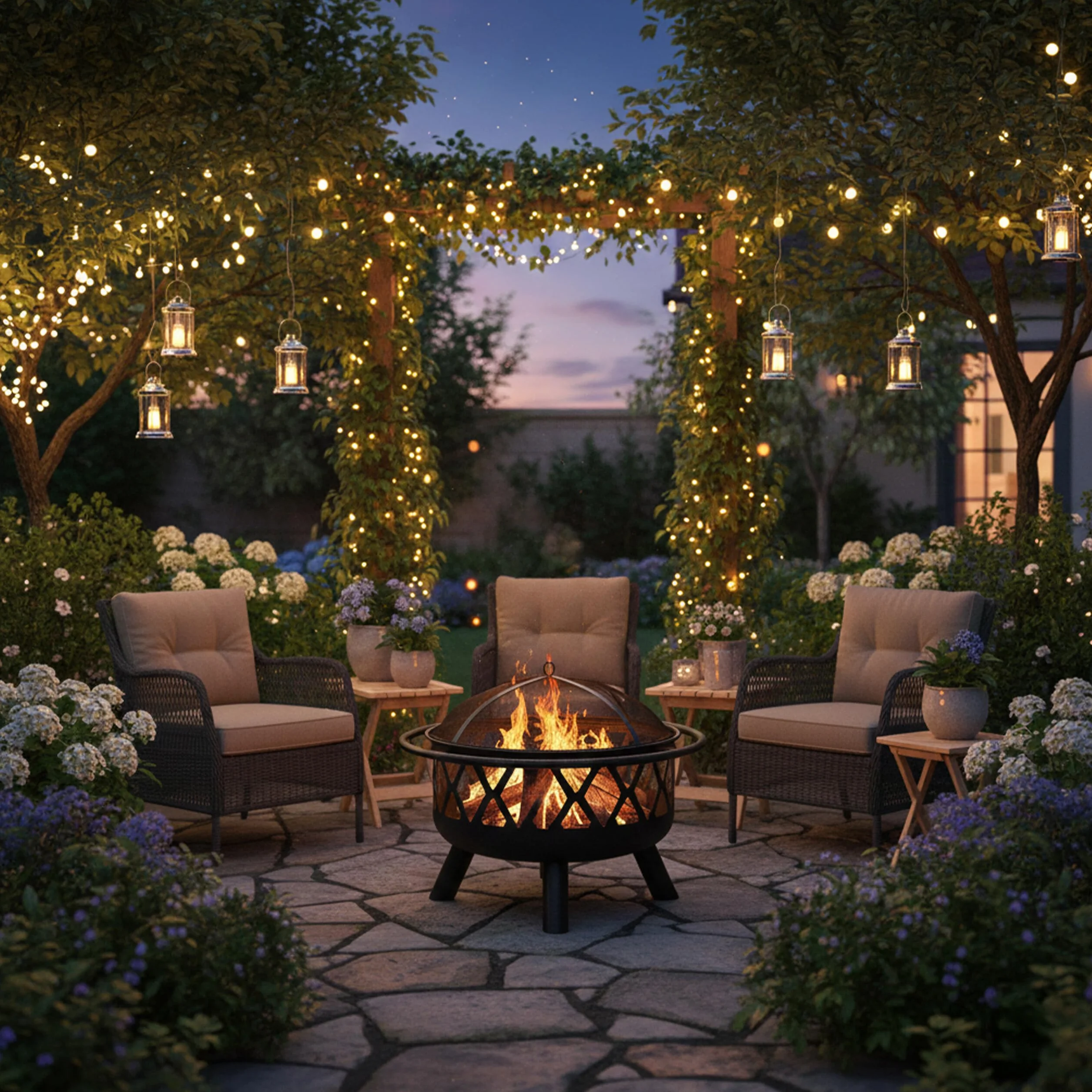 Relaxdays Braciere con Protezione Parascintille, D:75 cm, Giardino & Terrazza con Attizzatoio, Camino da Esterno, Nero